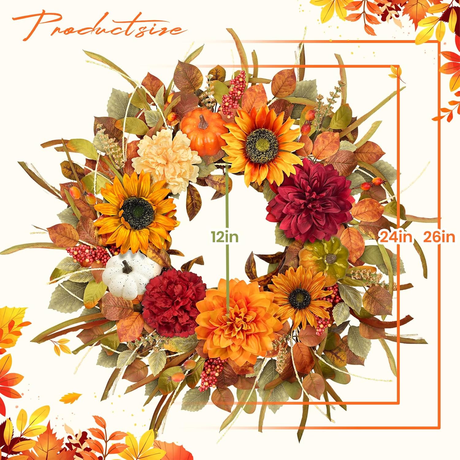 ICX 24-26 Inch Fall Wreath Front Door Decor