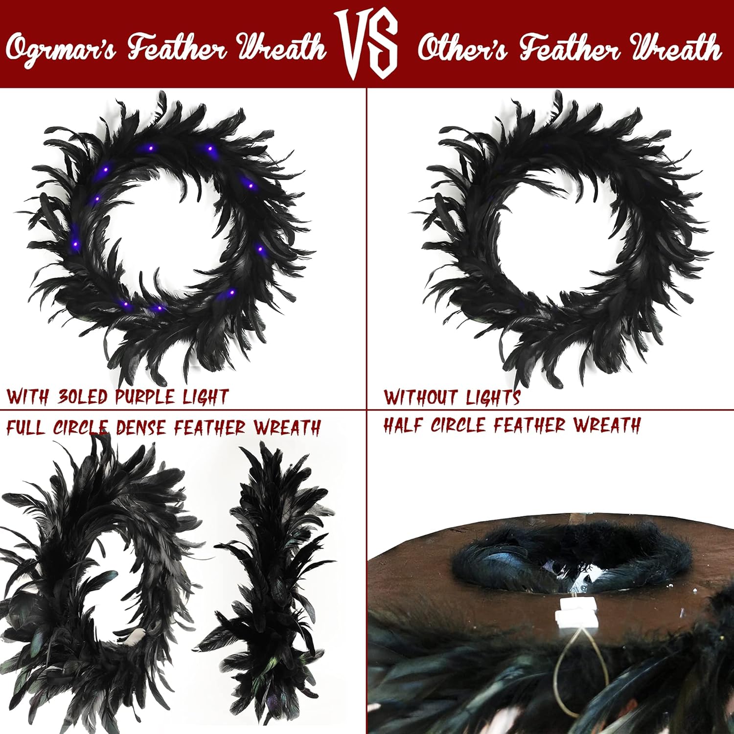 Ogrmar 157 Inch Black Feather Wreath with 30 LED Purple Lights for Halloween Decorations and Party Favors