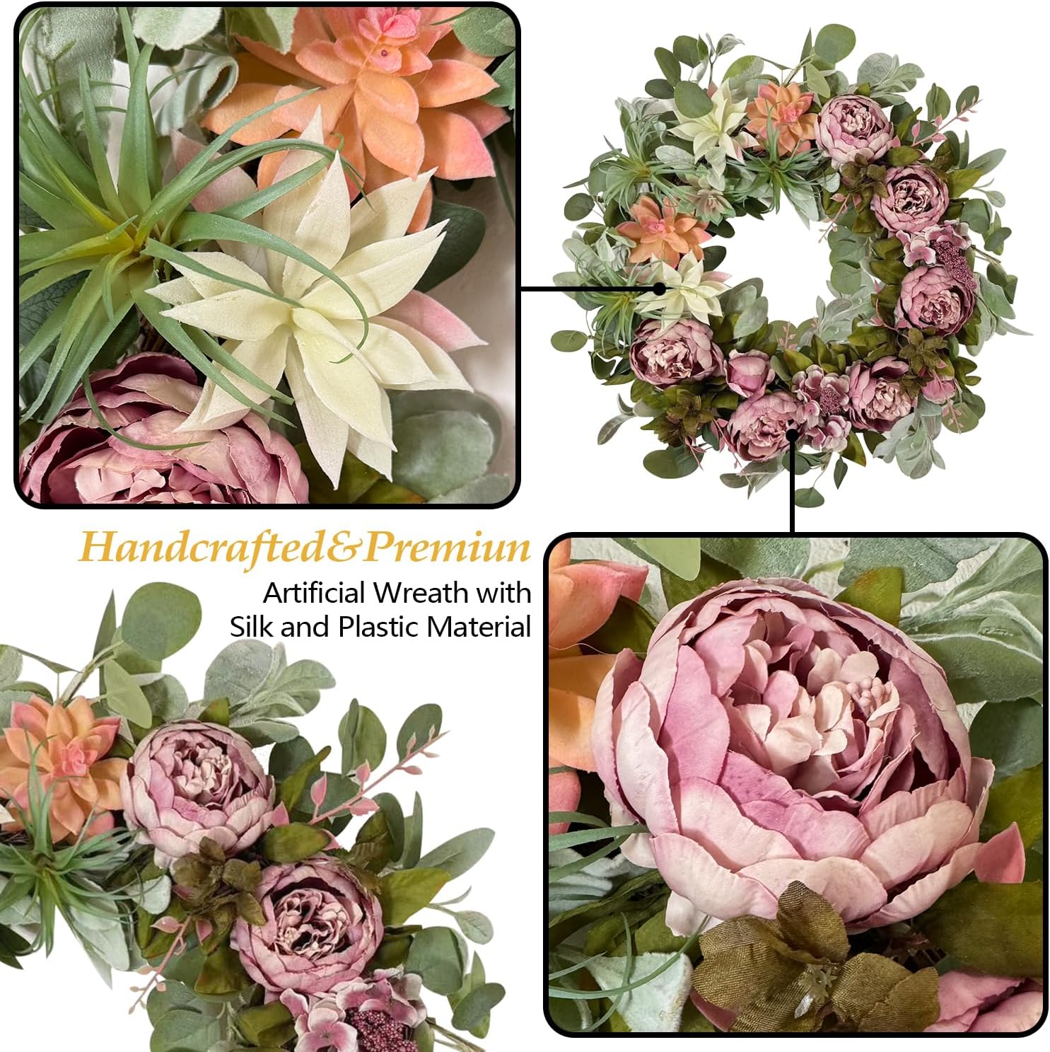 WANNA-CUL 24 Inch Spring Peony Wreath for Front Door