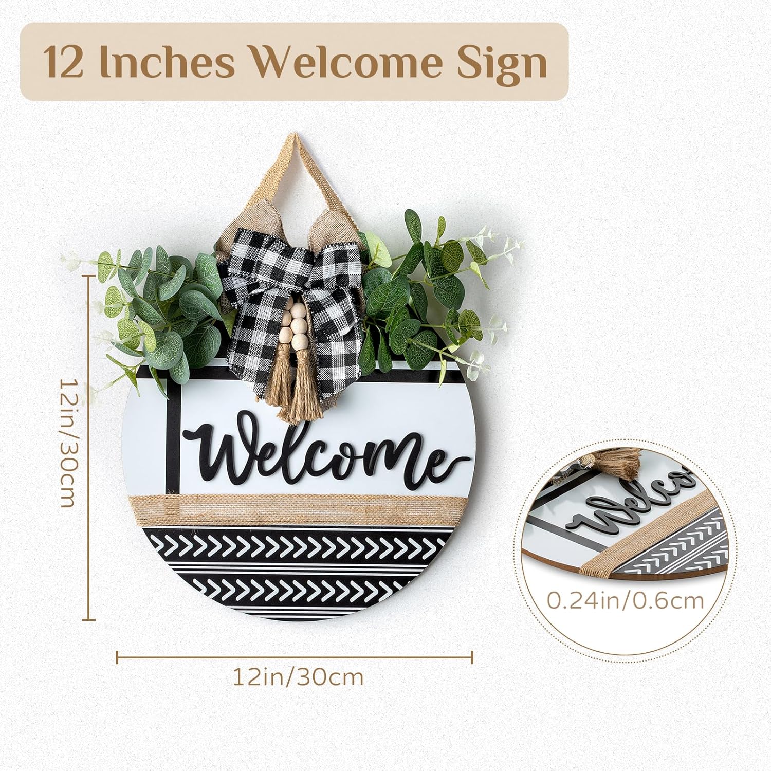 Welcome Sign for Front Door Decor - Walasis 12inch Wooden Farmhouse Wreath with Bow Beads