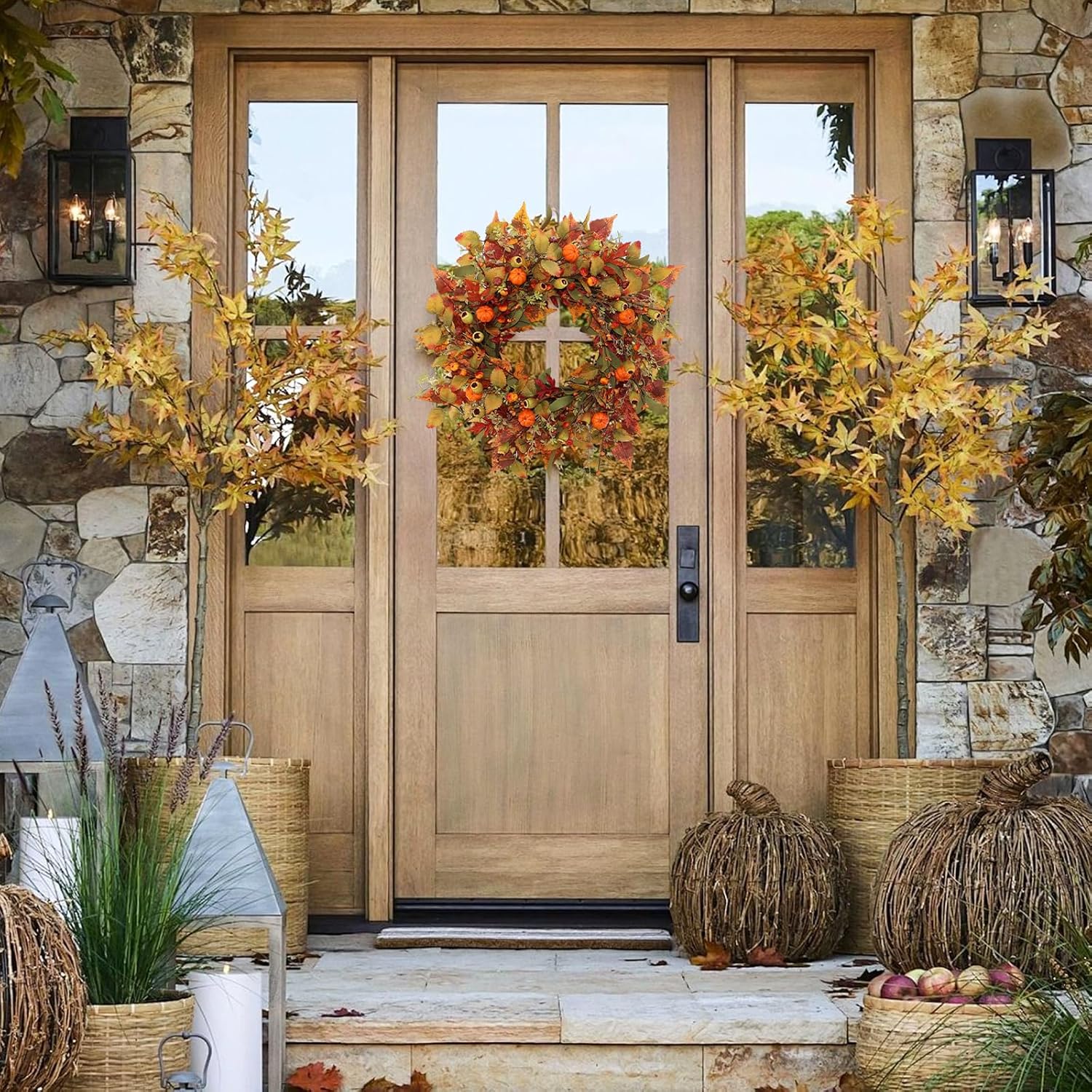 22 Inch Artificial Fall Wreath with Pumpkin and Maple Leaves