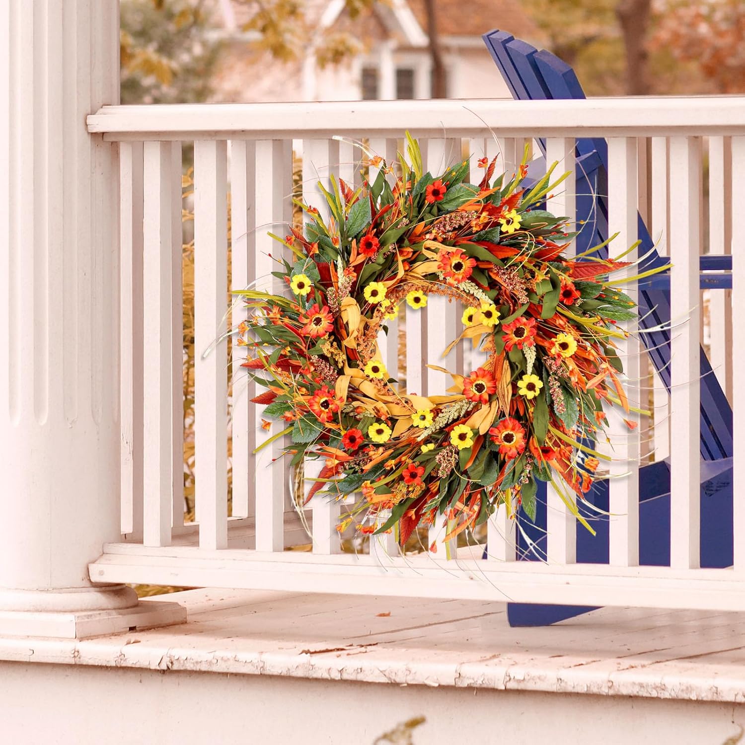 24 Inch Fall Wreath for Front Door Decor with Eucalyptus and Daisies