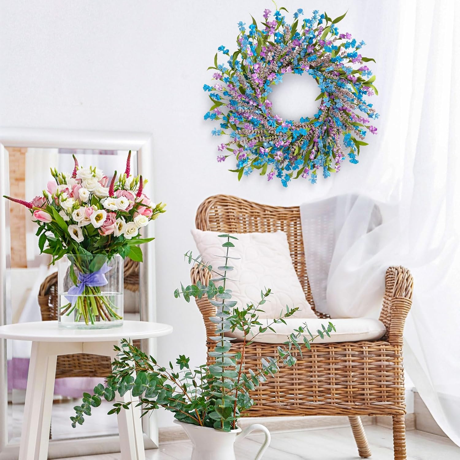 24 Inch Blue Wreath for Front Door and Window Decor