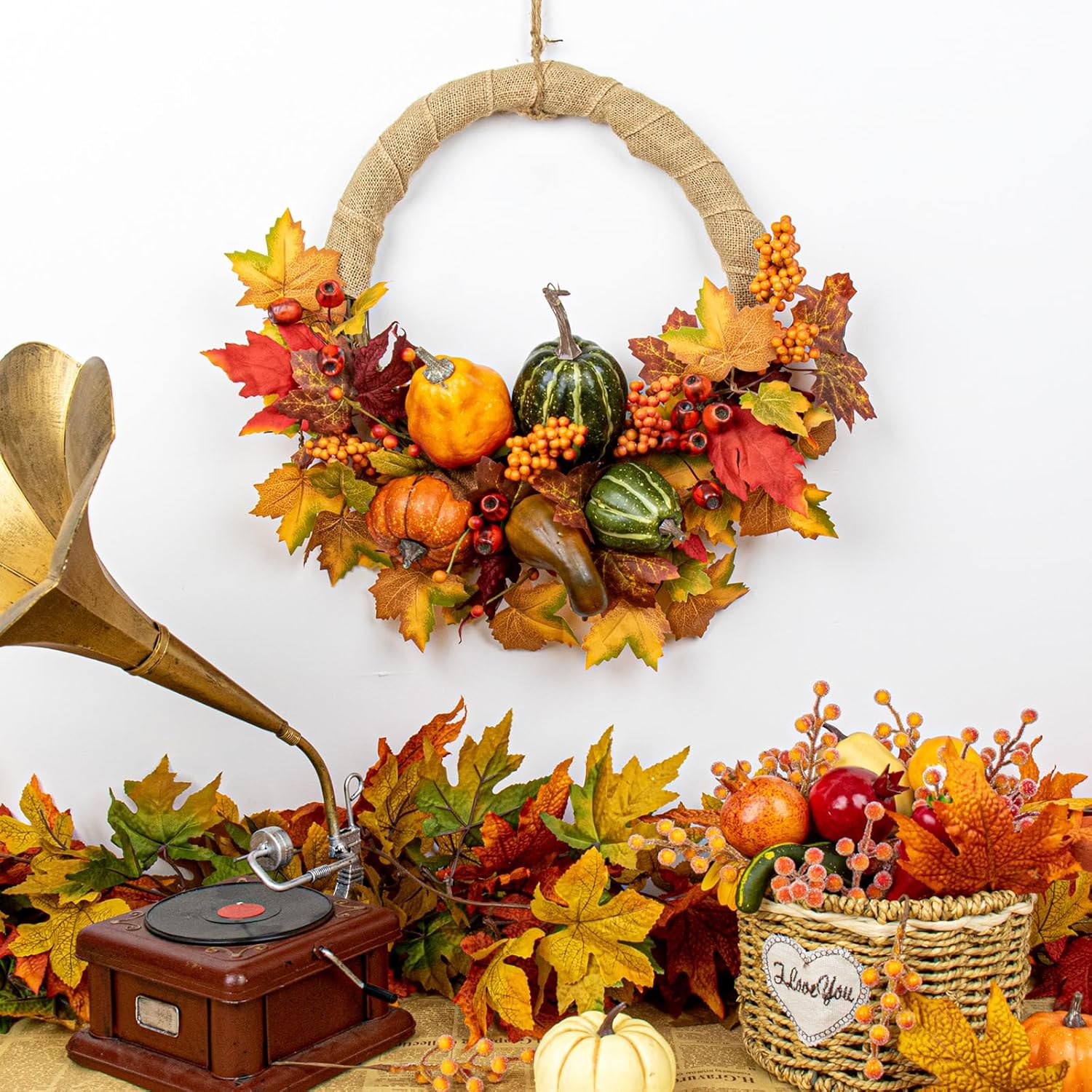 LLZLL Fall Wreath 20 Inch Artificial Thanksgiving Wreath with Pumpkins Berries and Leaves for Front Door