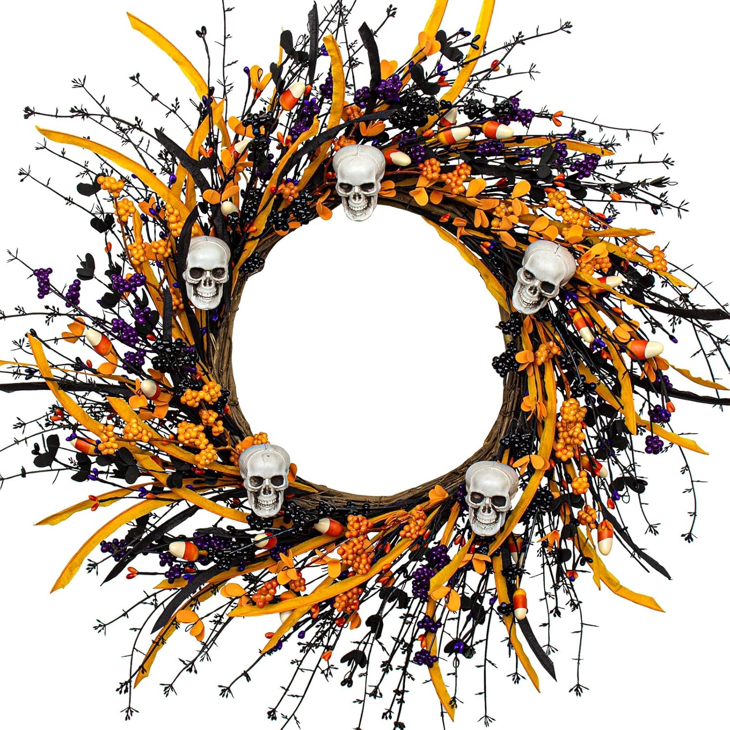 Black Halloween Wreath with Skulls and Candy Berries