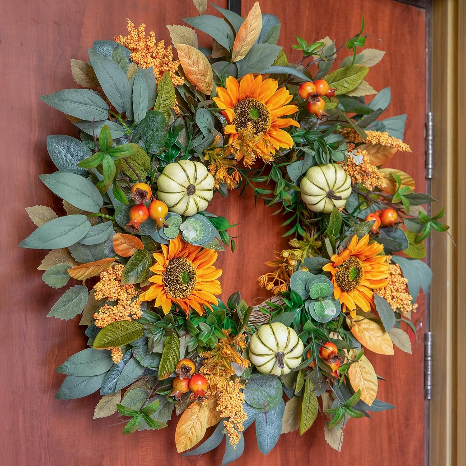 24 Inch Fall Wreath with Sunflowers and Pumpkins