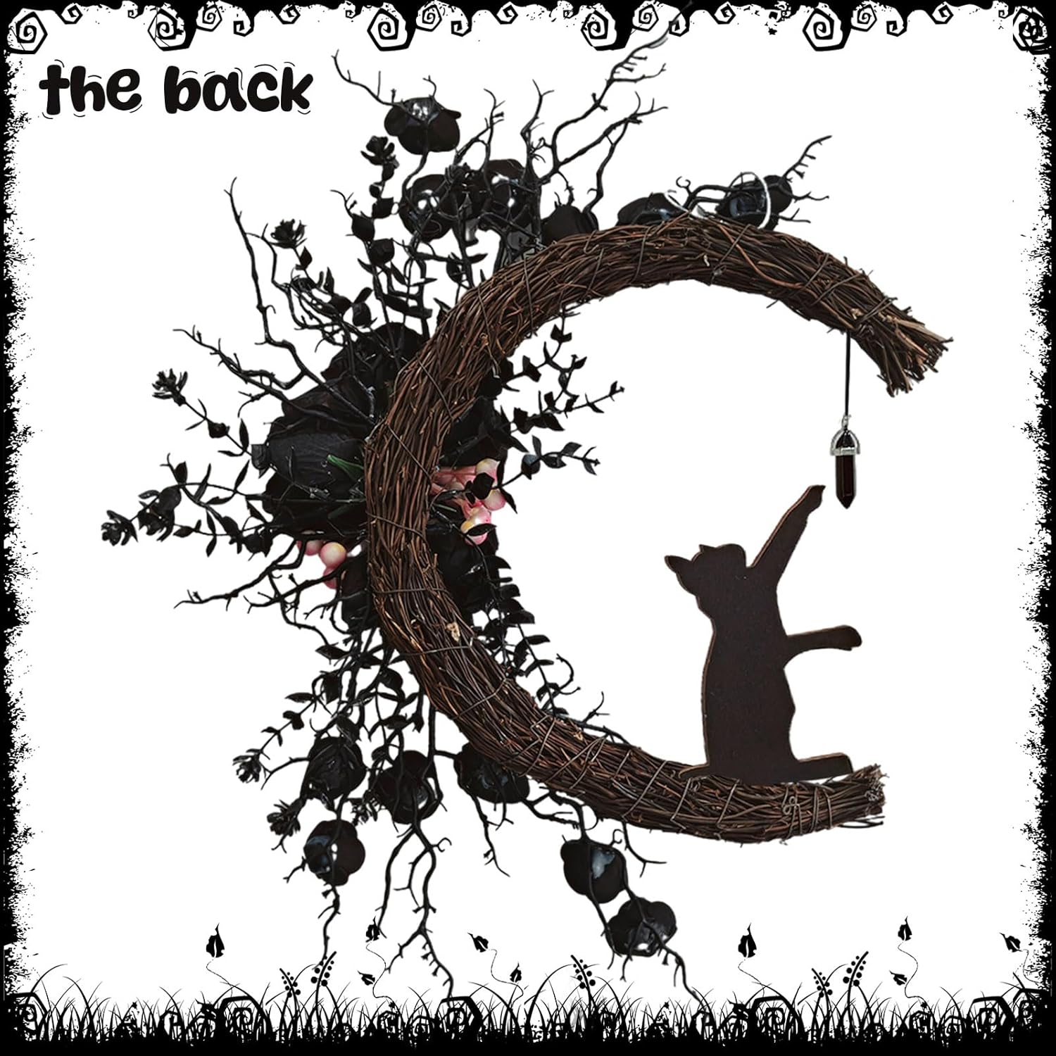 Spooky Halloween Wreath with Lights Black Cat Moon Door Decor