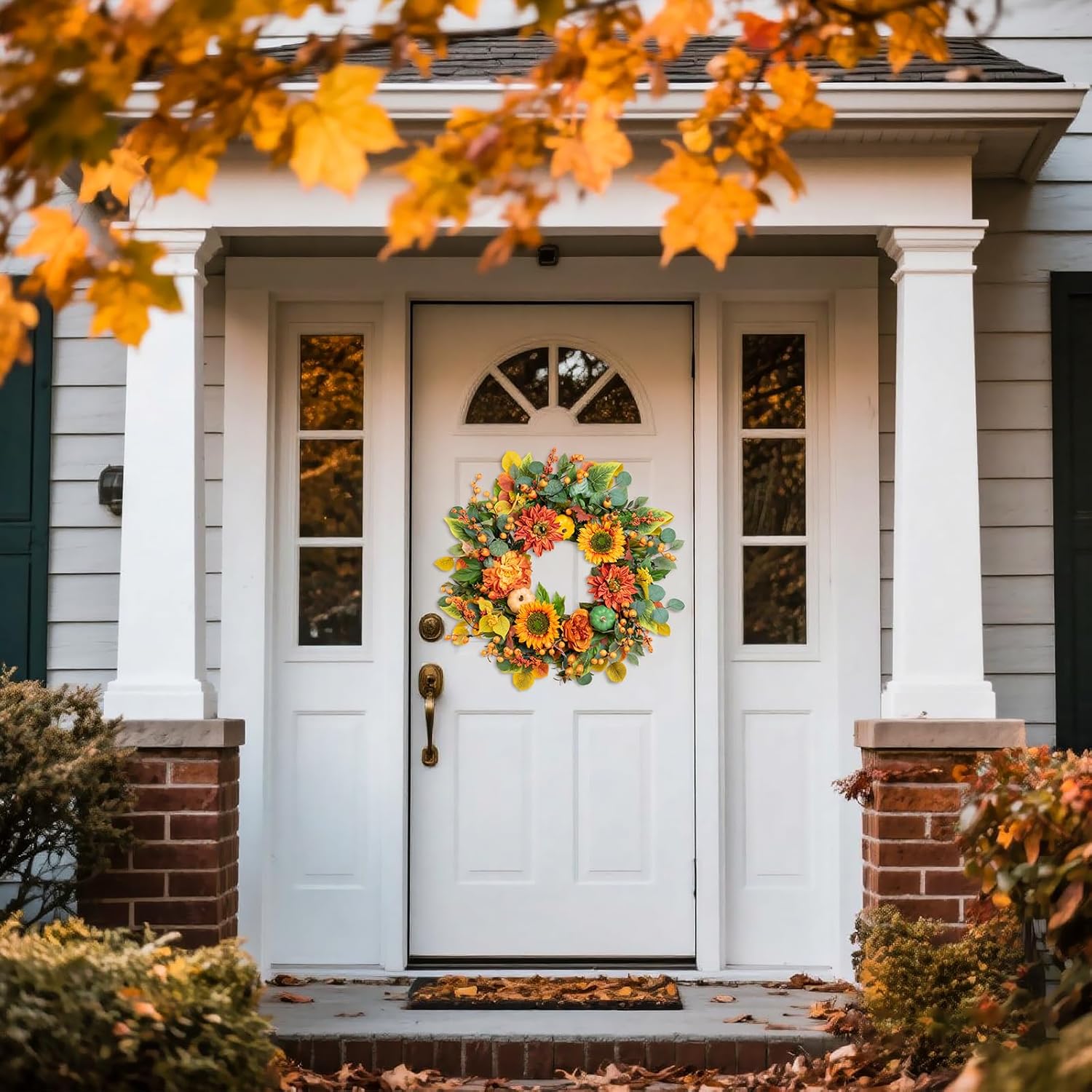 24 Inch Autumn Wreath with Sunflowers and Maple Leaves