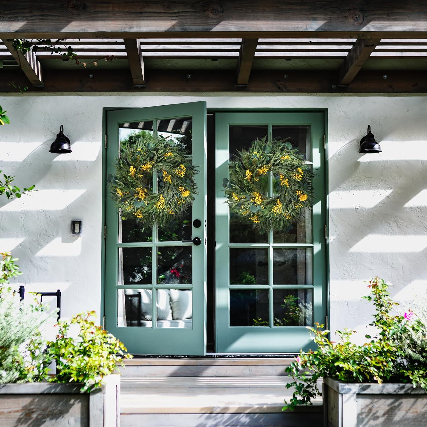 24 Inch Dried Flower Wreath with Yellow Babys Breath and Eucalyptus for Front Door