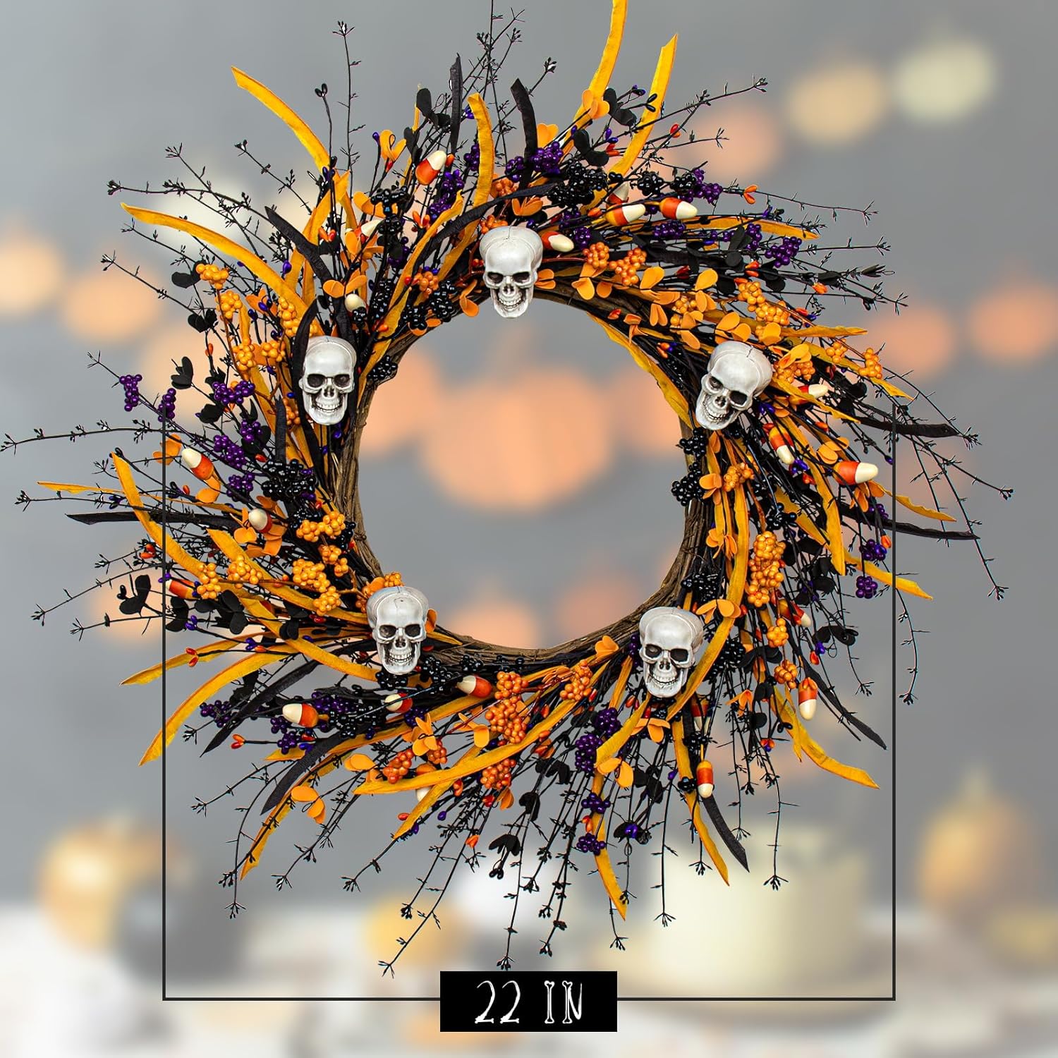 Black Halloween Wreath with Skulls and Candy Berries