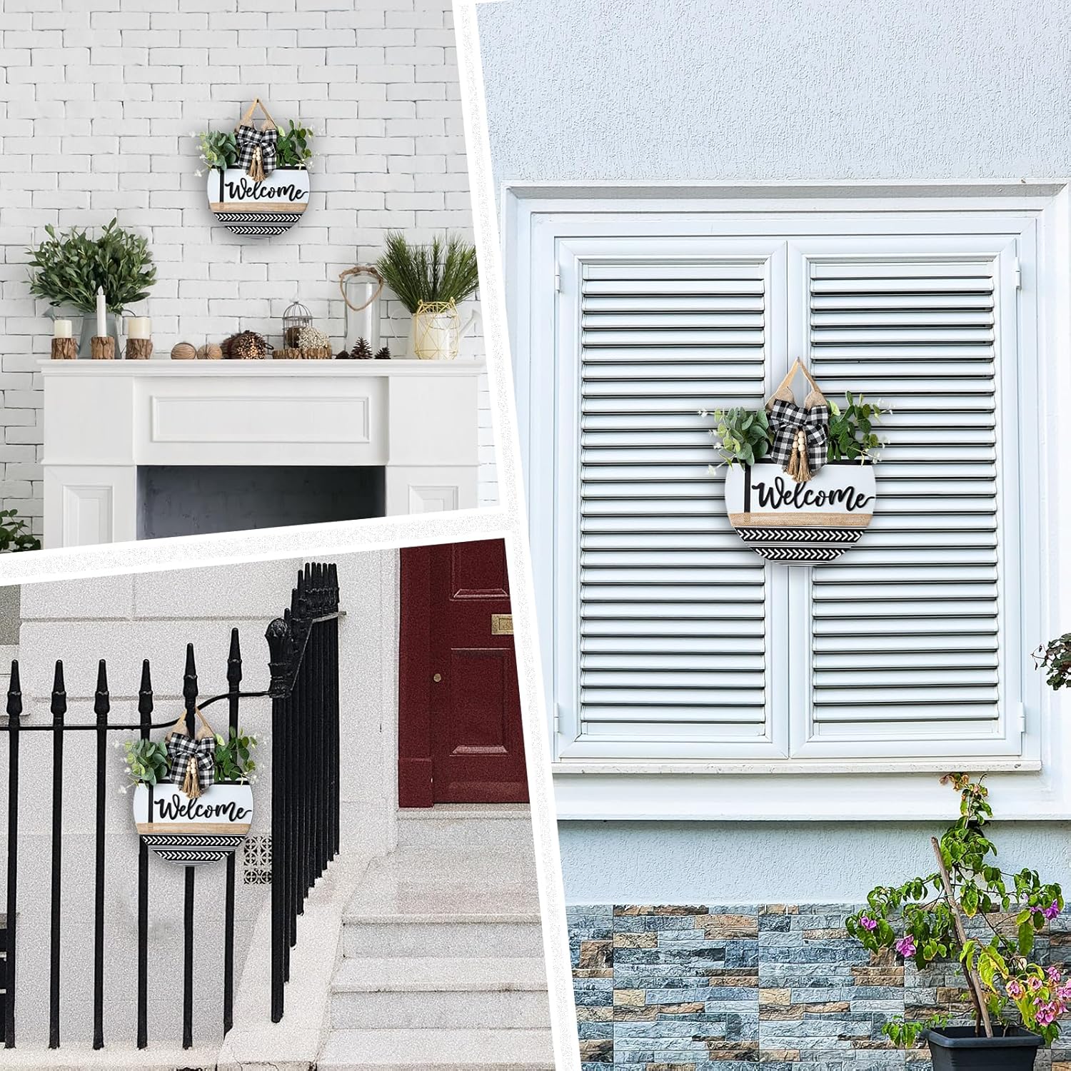 Welcome Sign for Front Door Decor - Walasis 12inch Wooden Farmhouse Wreath with Bow Beads