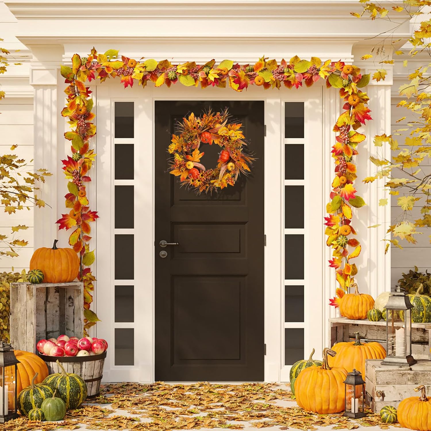 19 Inch Fall Wreath with Pumpkins and Maple Leaves