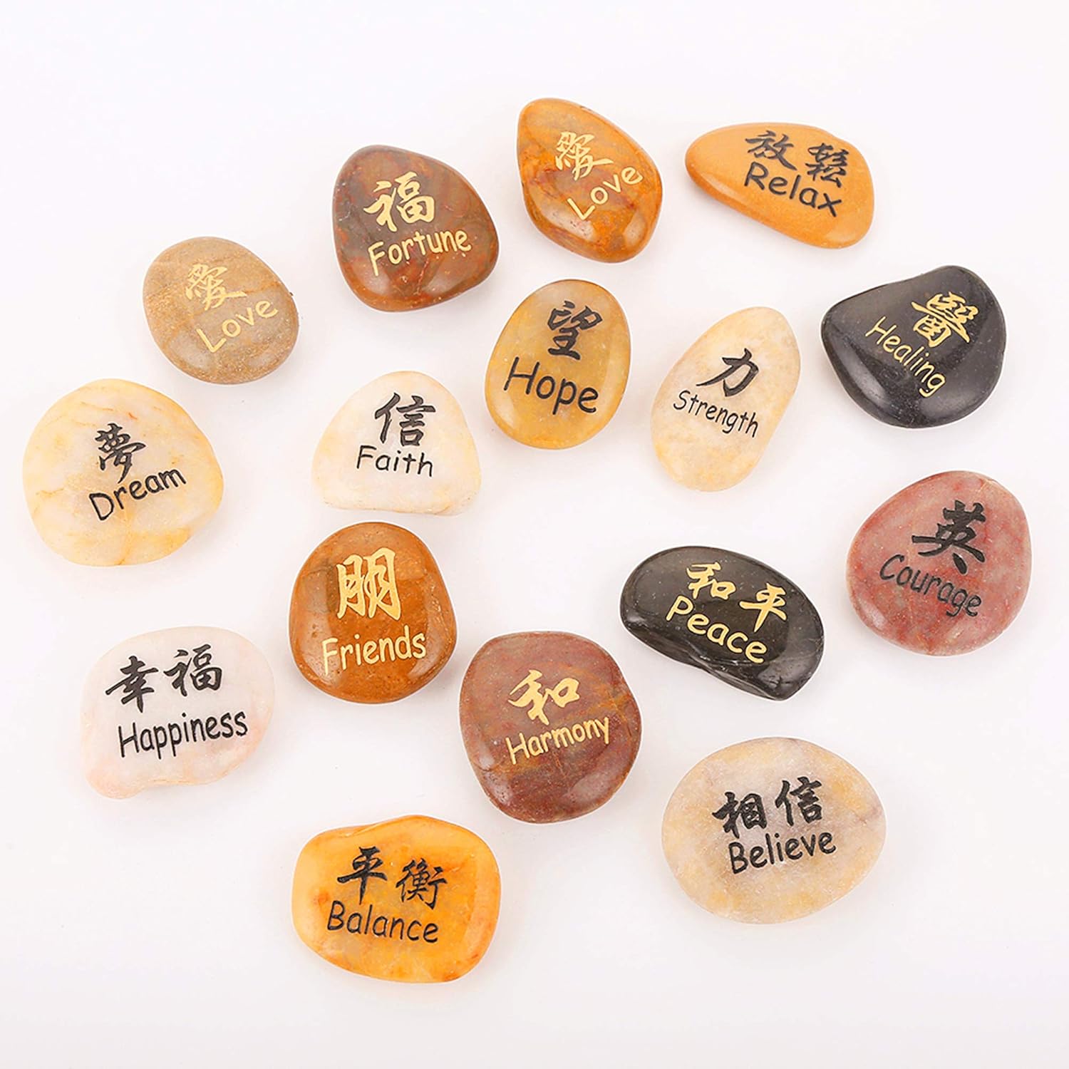 ROCKIMPACT 16PCS Kanji Engraved Stones for Feng Shui Zen Decor