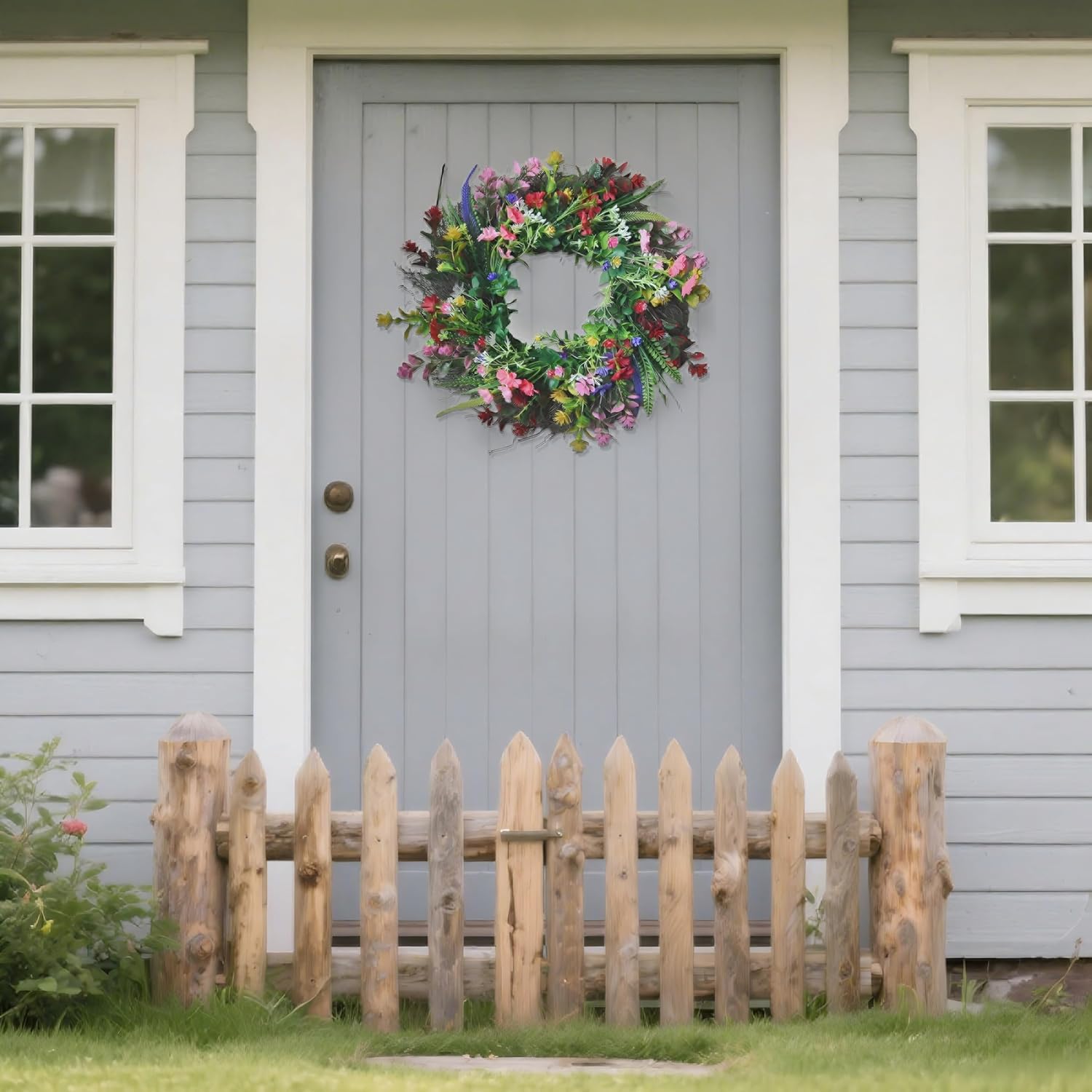 Daisy and Lavender Wildflower Artificial Spring Wreath for Front Door Home Decor 18 Inches