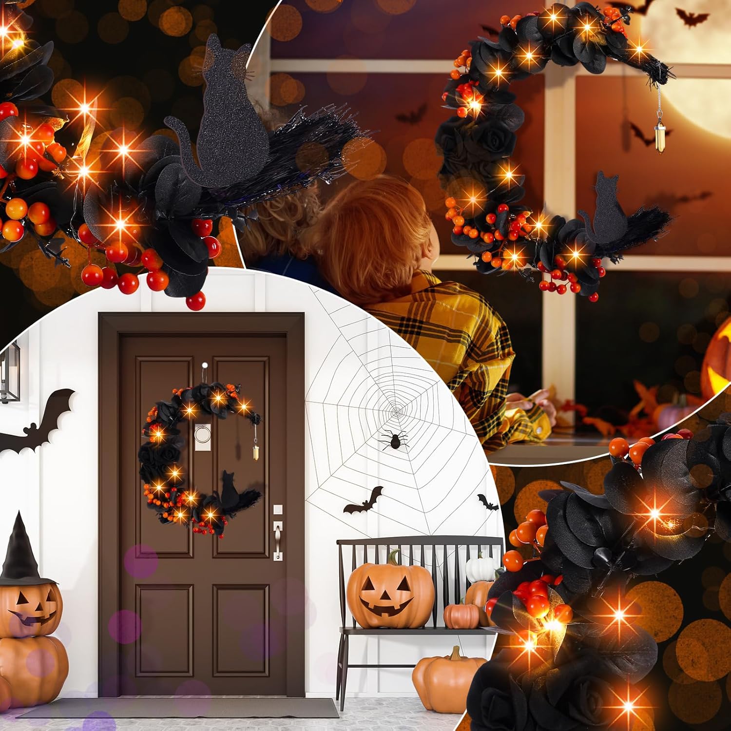 Ceenna Halloween Moon Cat Wreath with Black Roses
