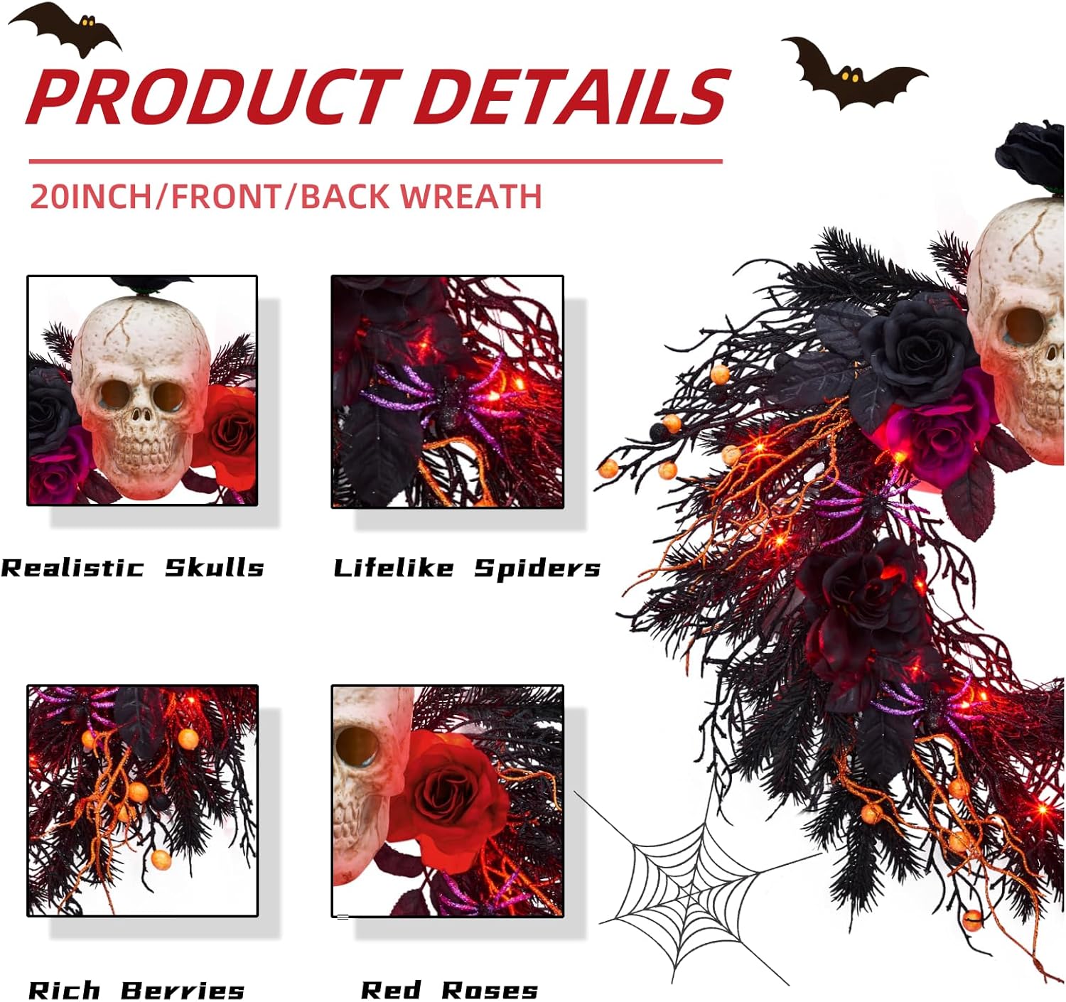 20 Inch Halloween Wreath with Spider Skull Rose Lights