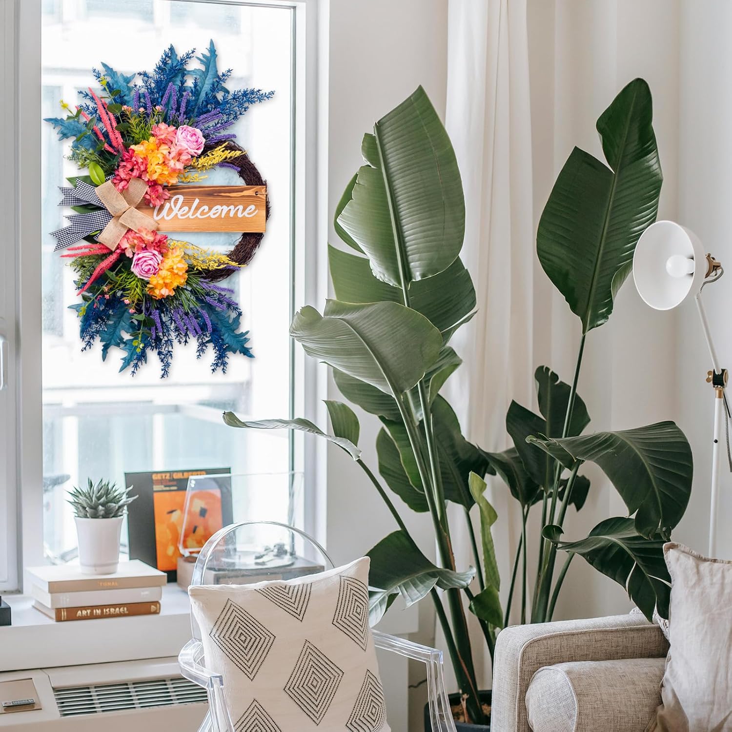 Welcome Sign Wreaths for Front Door Outside 22 Inch Artificial Farmhouse Decor