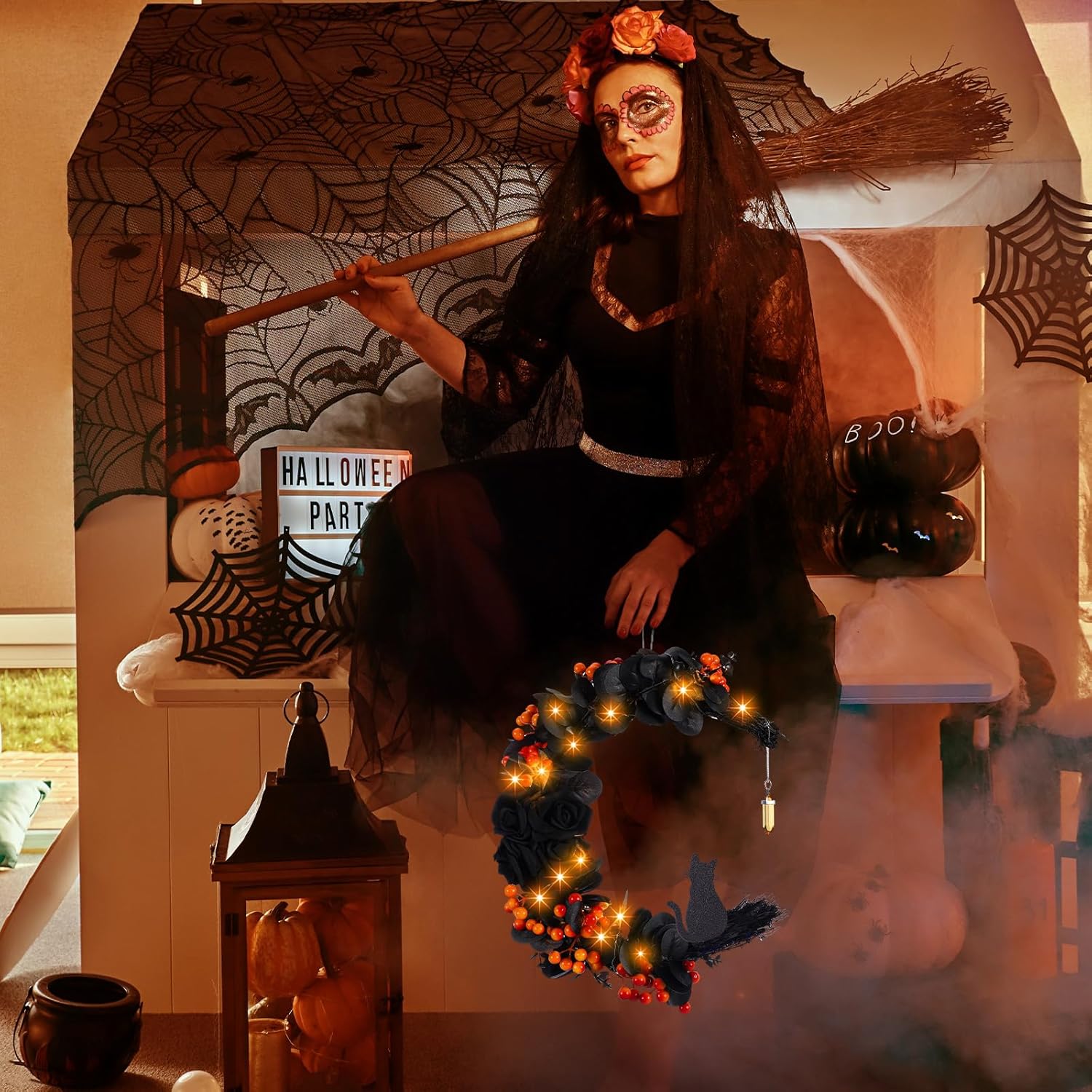 Ceenna Halloween Moon Cat Wreath with Black Roses