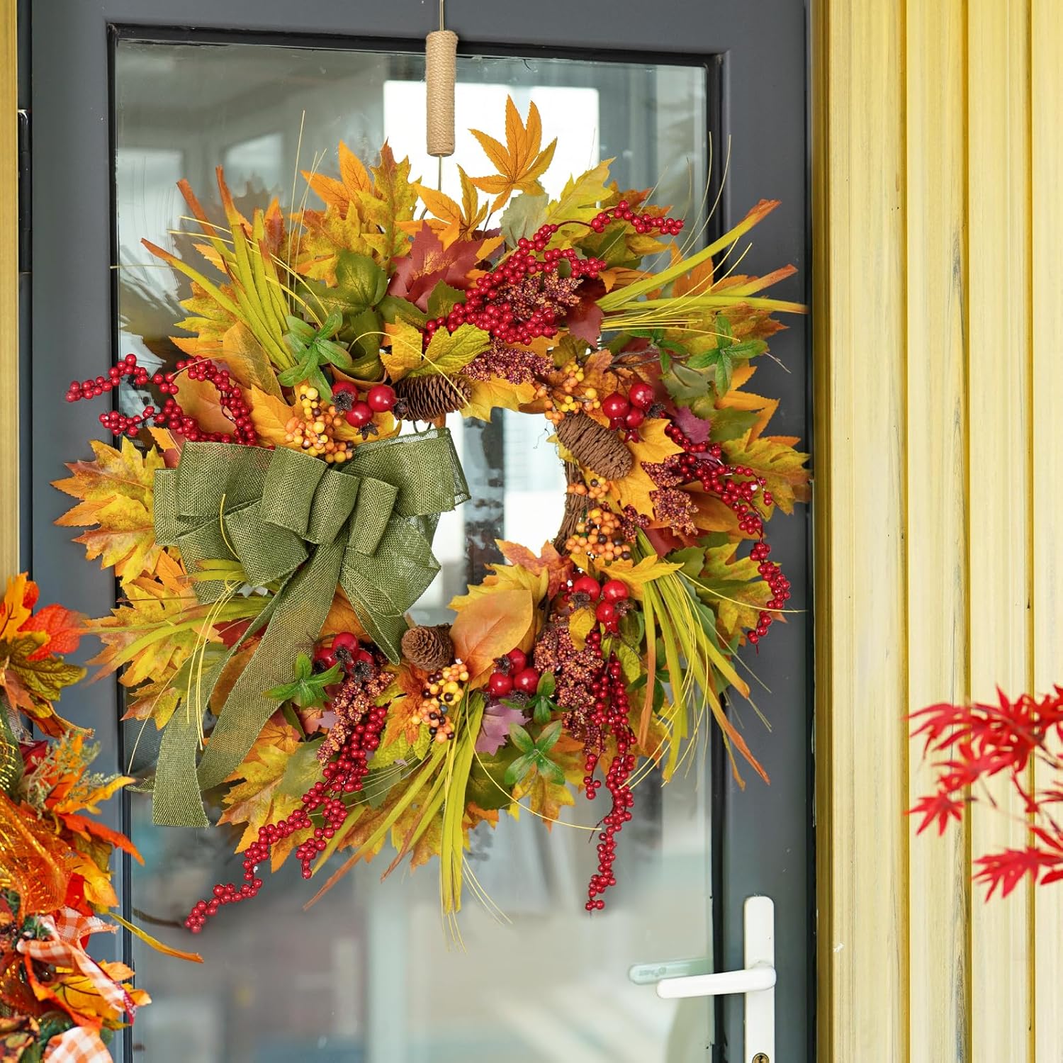24 Inch Artificial Autumn Door Wreath with Green Bow and Maple Leaves