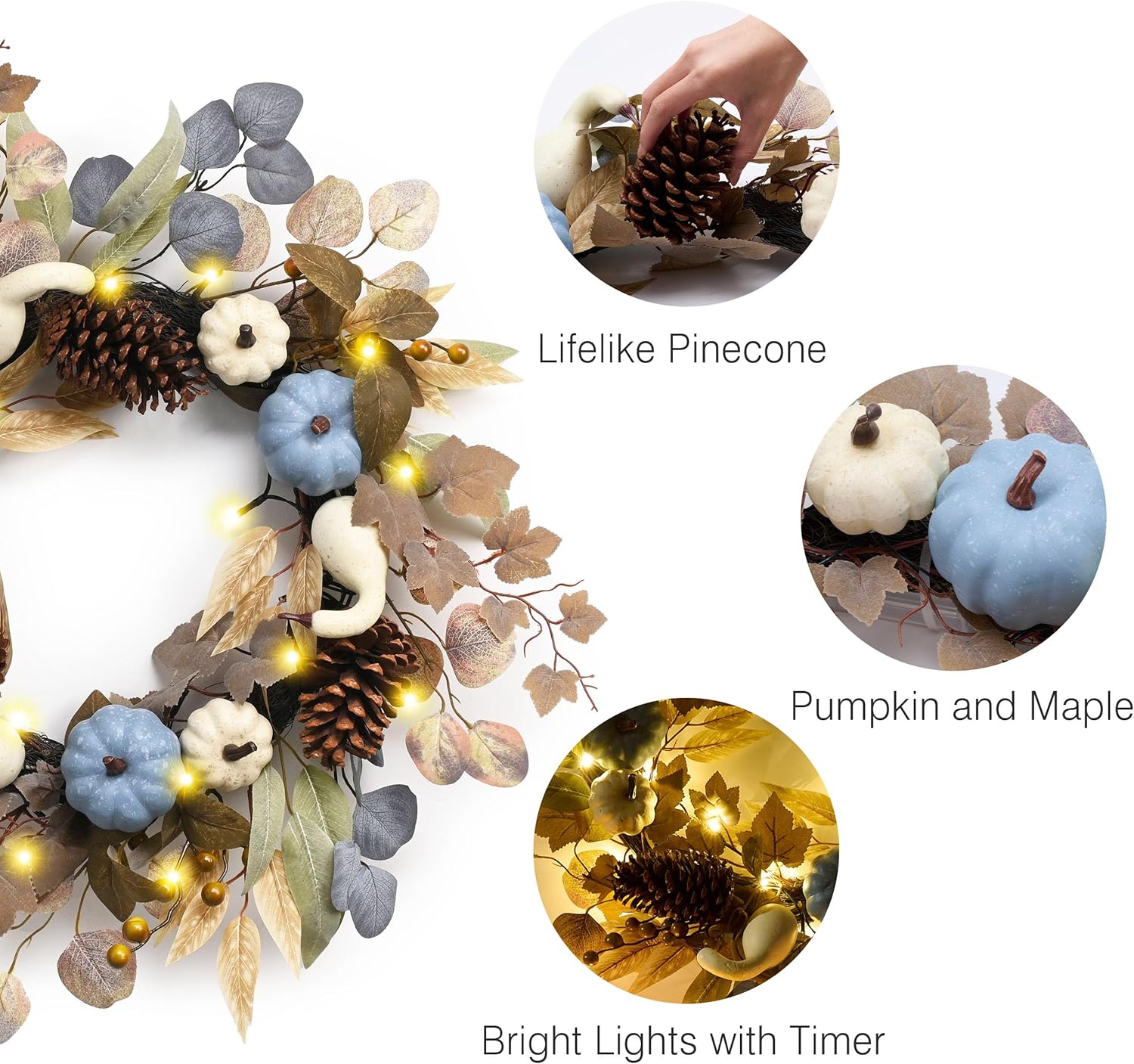 DECOR BY HANNAH 22 Inch Fall Wreath with Blue Pumpkin and Pinecone