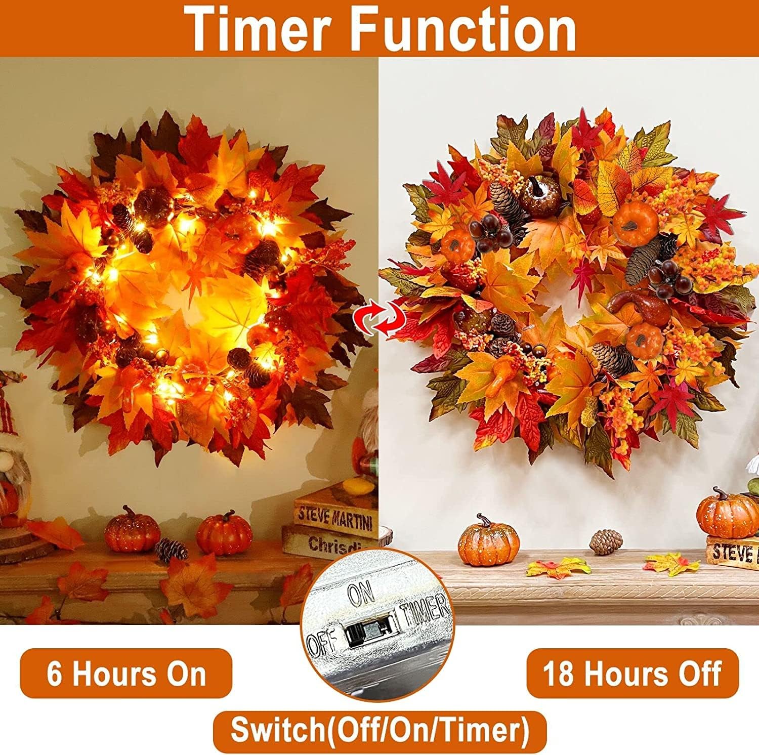 20 Inch Fall Wreath with 20 LED Lights