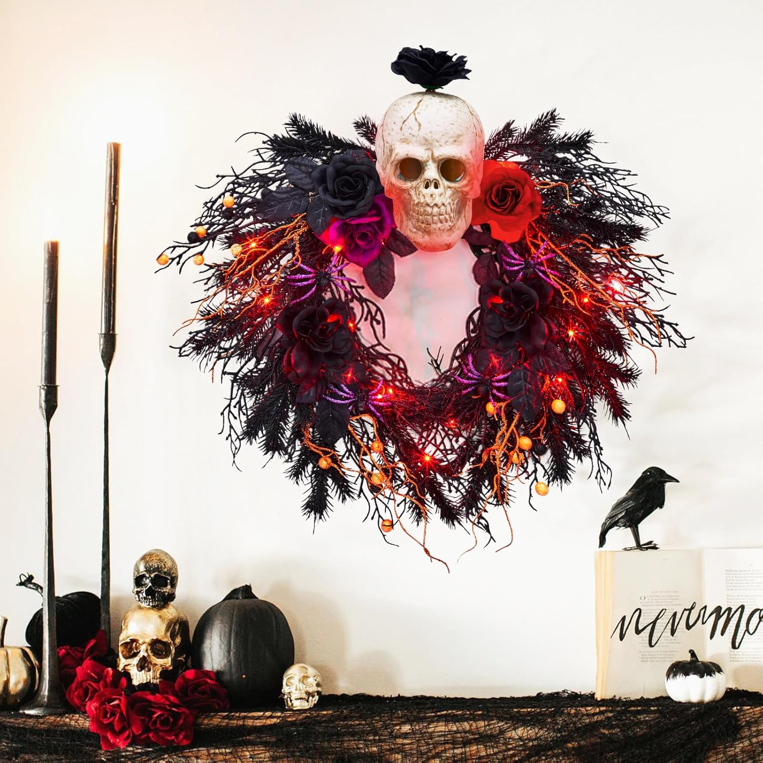 20 Inch Halloween Wreath with Spider Skull Rose Lights