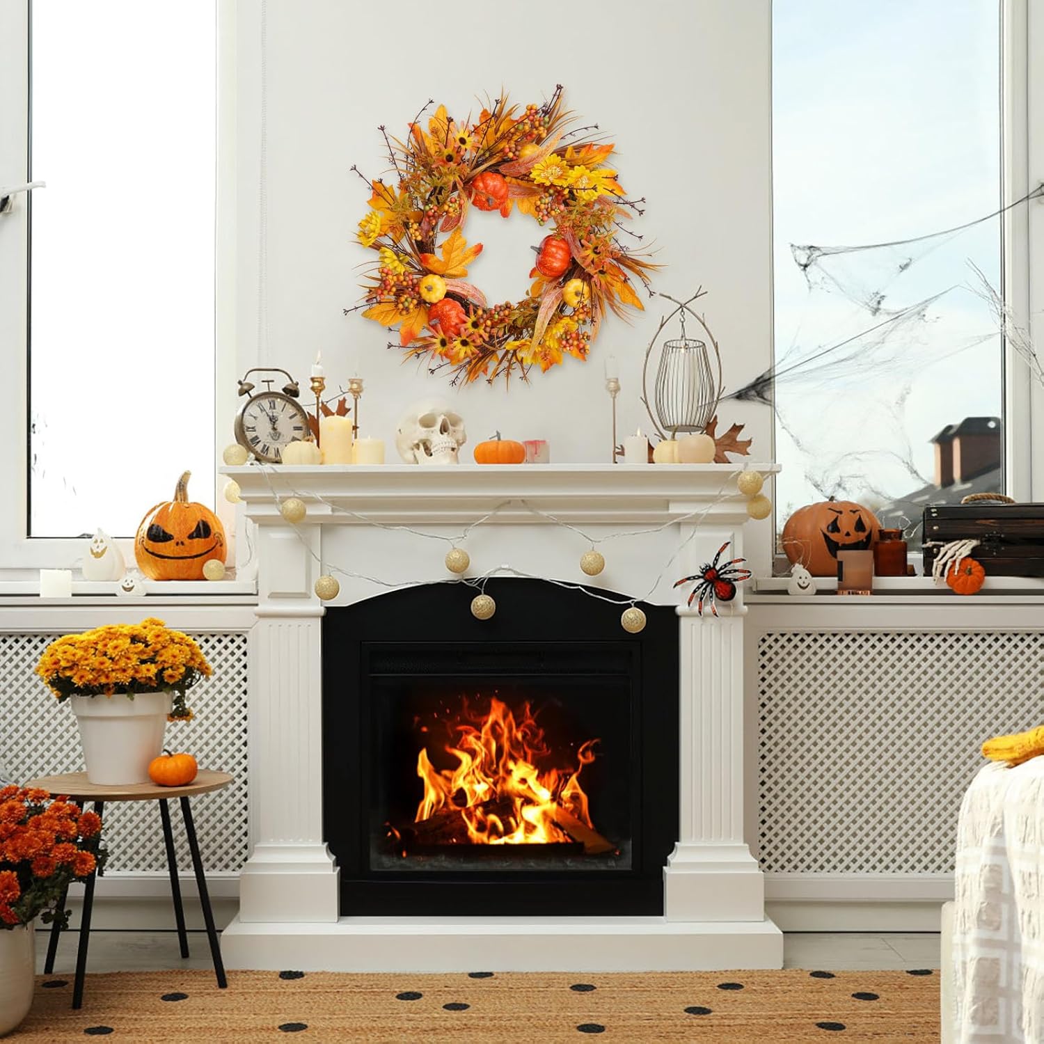 19 Inch Fall Wreath with Pumpkins and Maple Leaves
