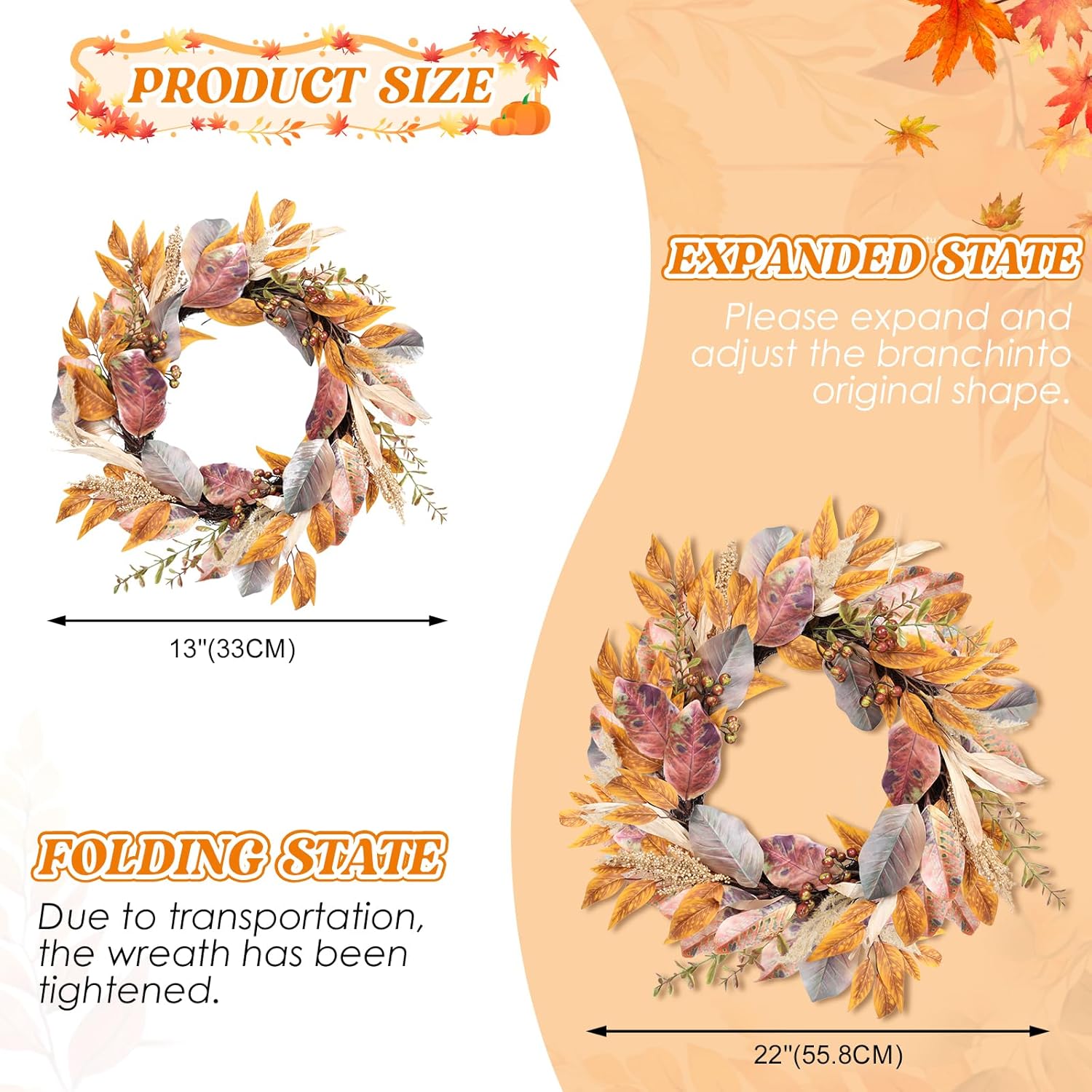 22 Inch Artificial Fall Wreath with Berries and Maple Leaves