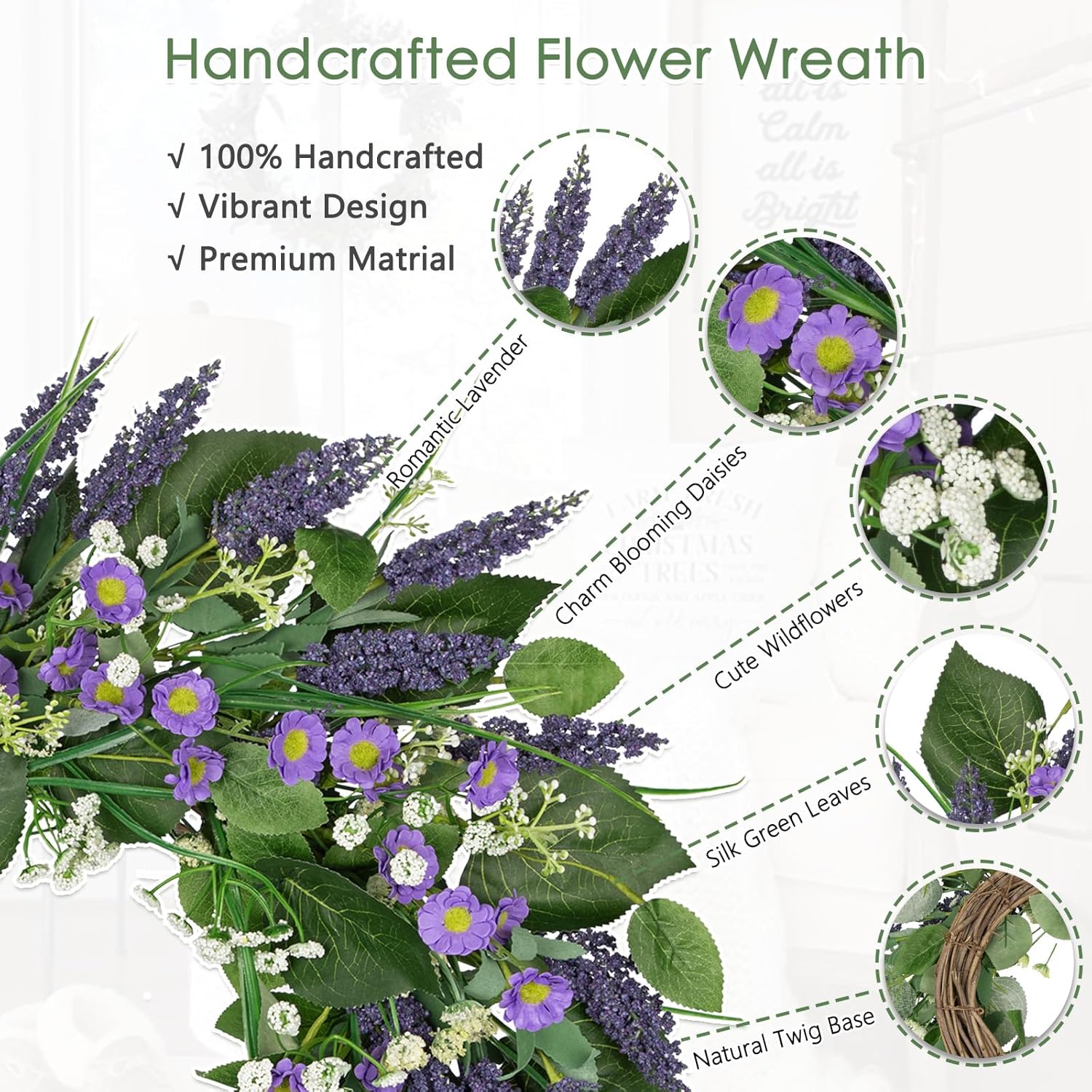 Lavender Wreath for Front Door 20 inch Artificial Farmhouse Decor