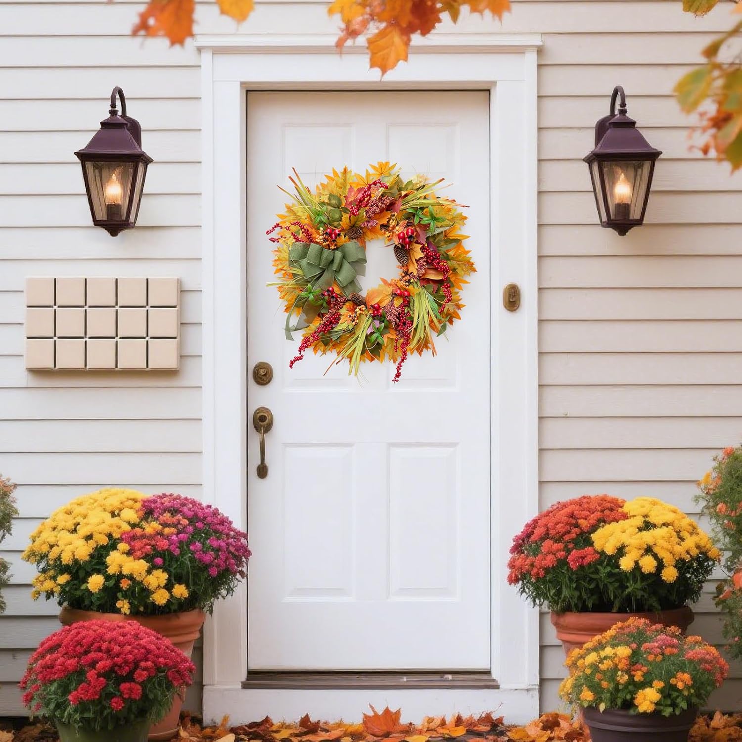24 Inch Artificial Autumn Door Wreath with Green Bow and Maple Leaves