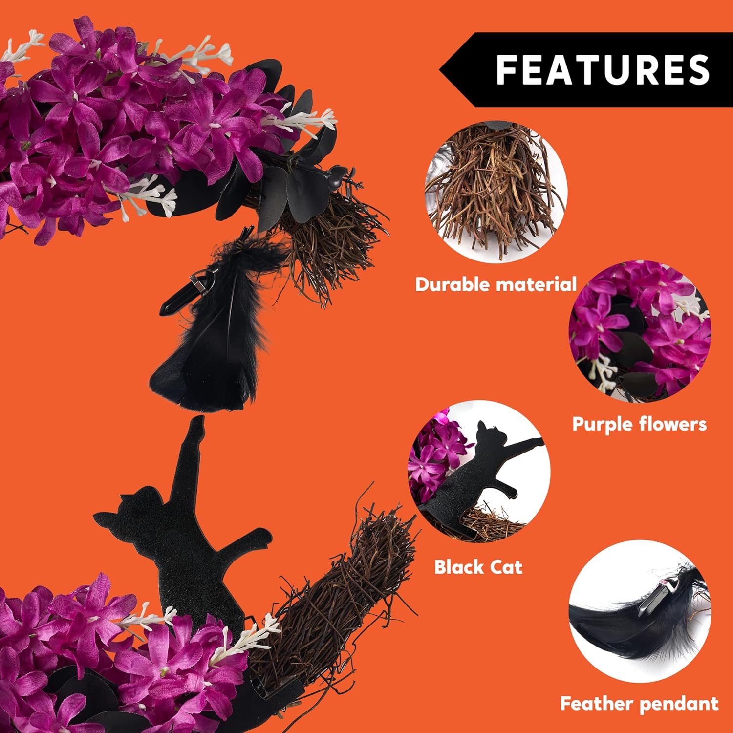 JOYIN Halloween Black Moon Wreath with Black Cat