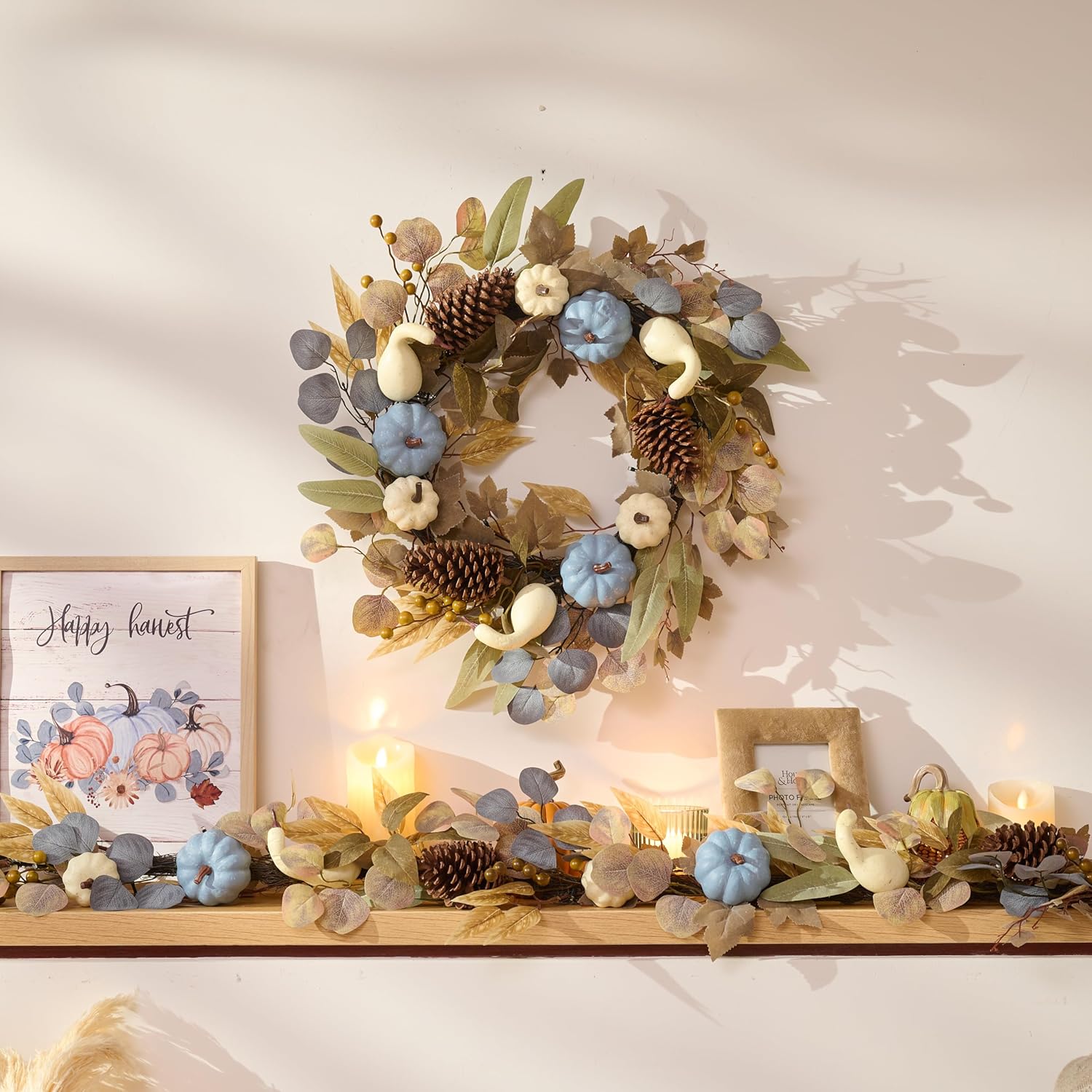 DECOR BY HANNAH 22 Inch Fall Wreath with Blue Pumpkin and Pinecone