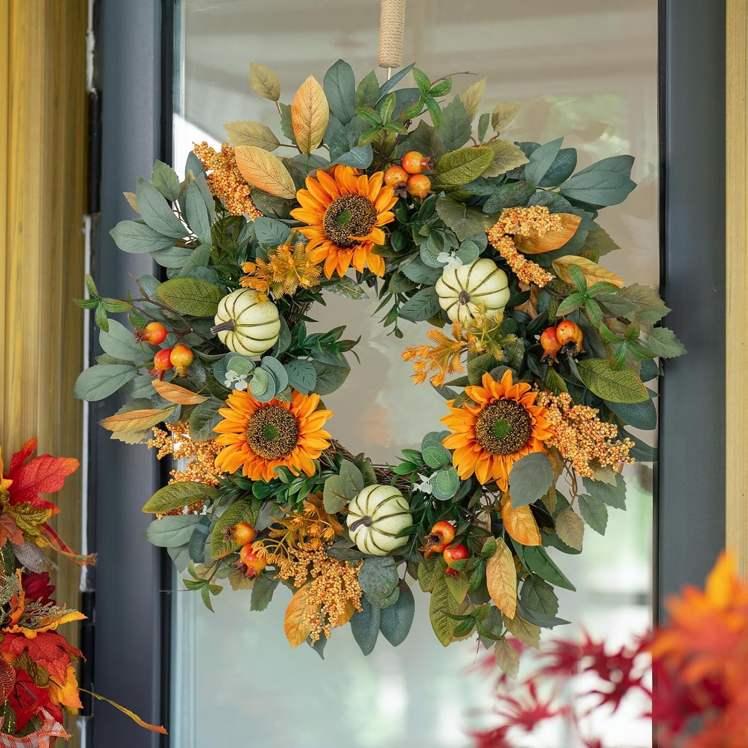24 Inch Fall Wreath with Sunflowers and Pumpkins