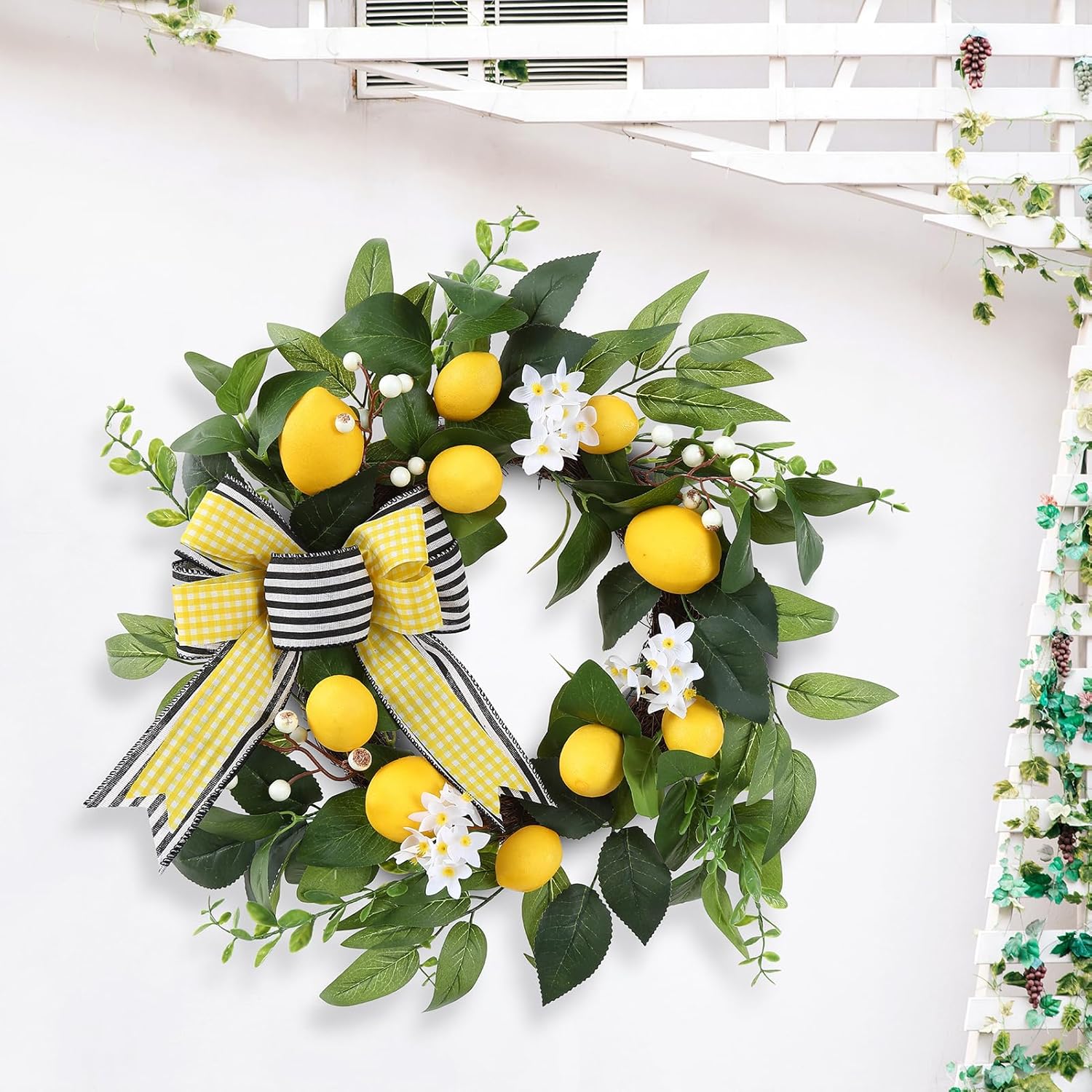 20 Inch Lemon Wreath for Front Door with Daisy Bow Eucalyptus Leaves and White Berries