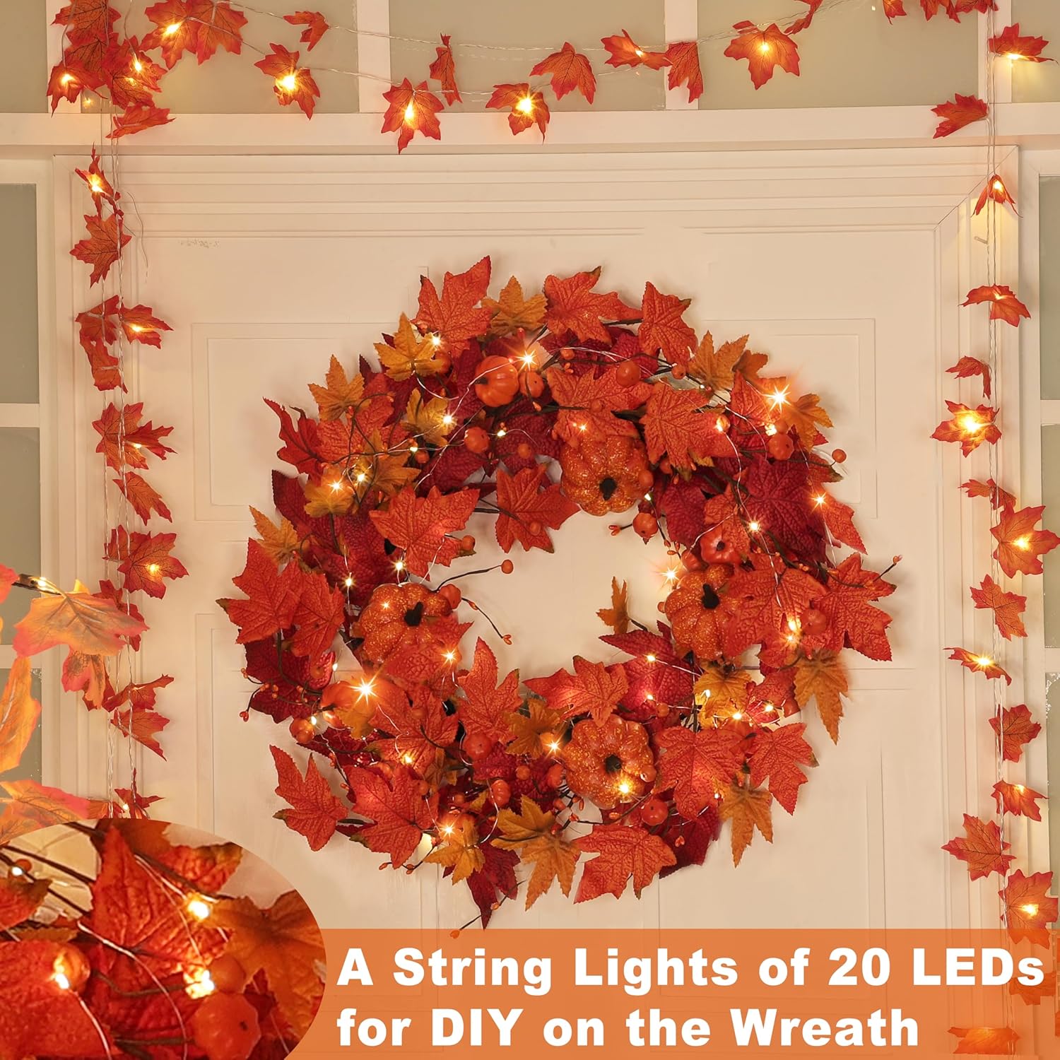 26 Inch Foldable Fall Wreath with Timer Lights