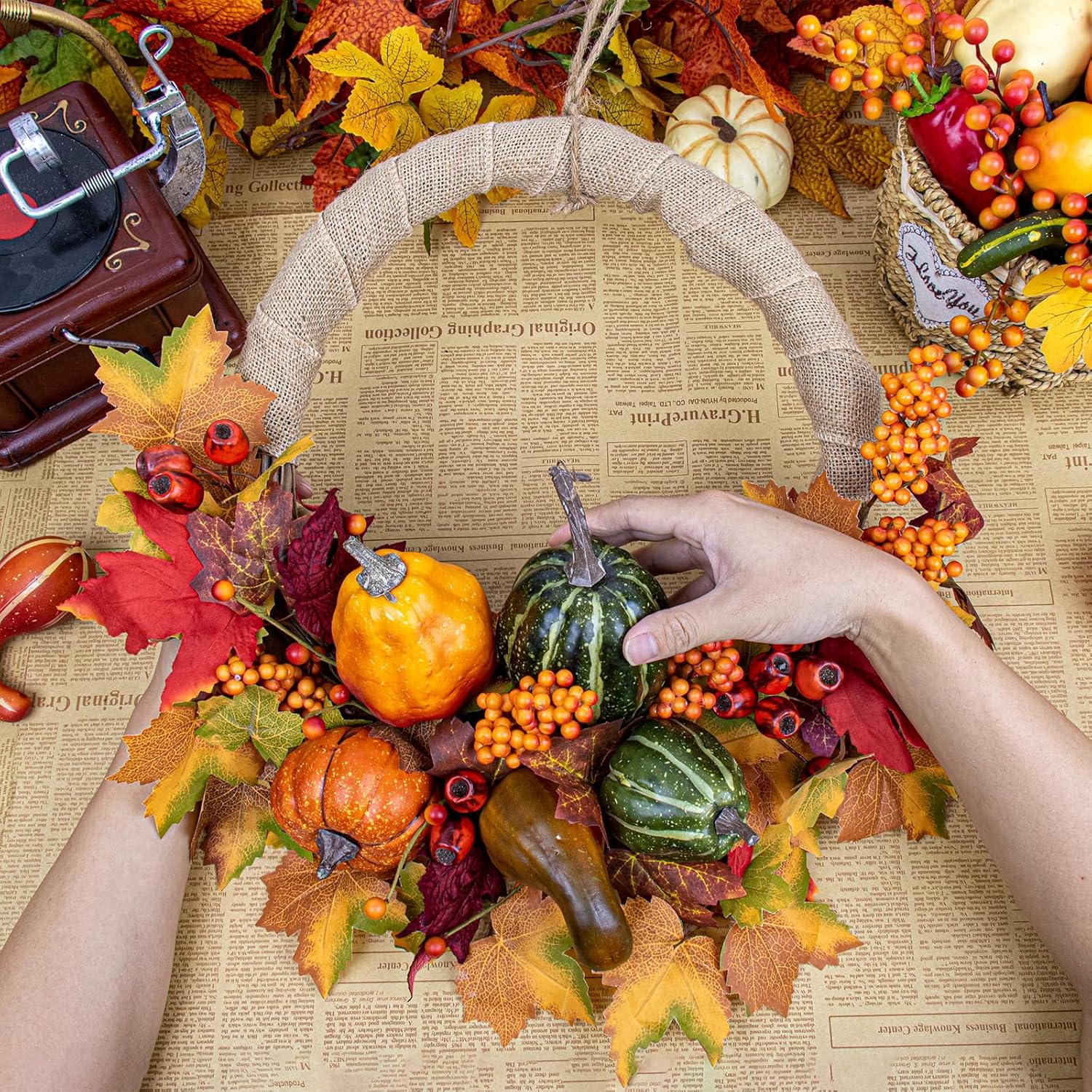 LLZLL Fall Wreath 20 Inch Artificial Thanksgiving Wreath with Pumpkins Berries and Leaves for Front Door