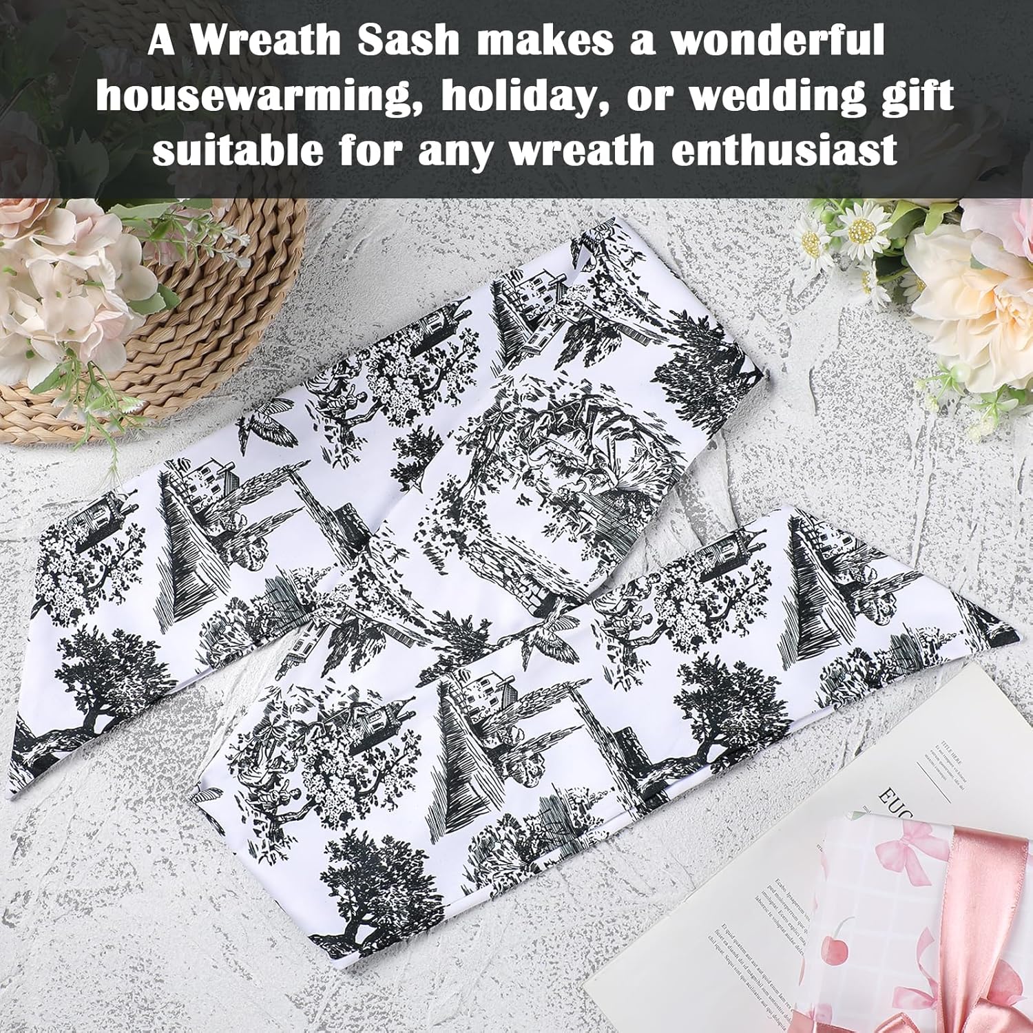 Black Wreath Sash for Front Door - 2 Pcs French Toile Accents for Home Decor