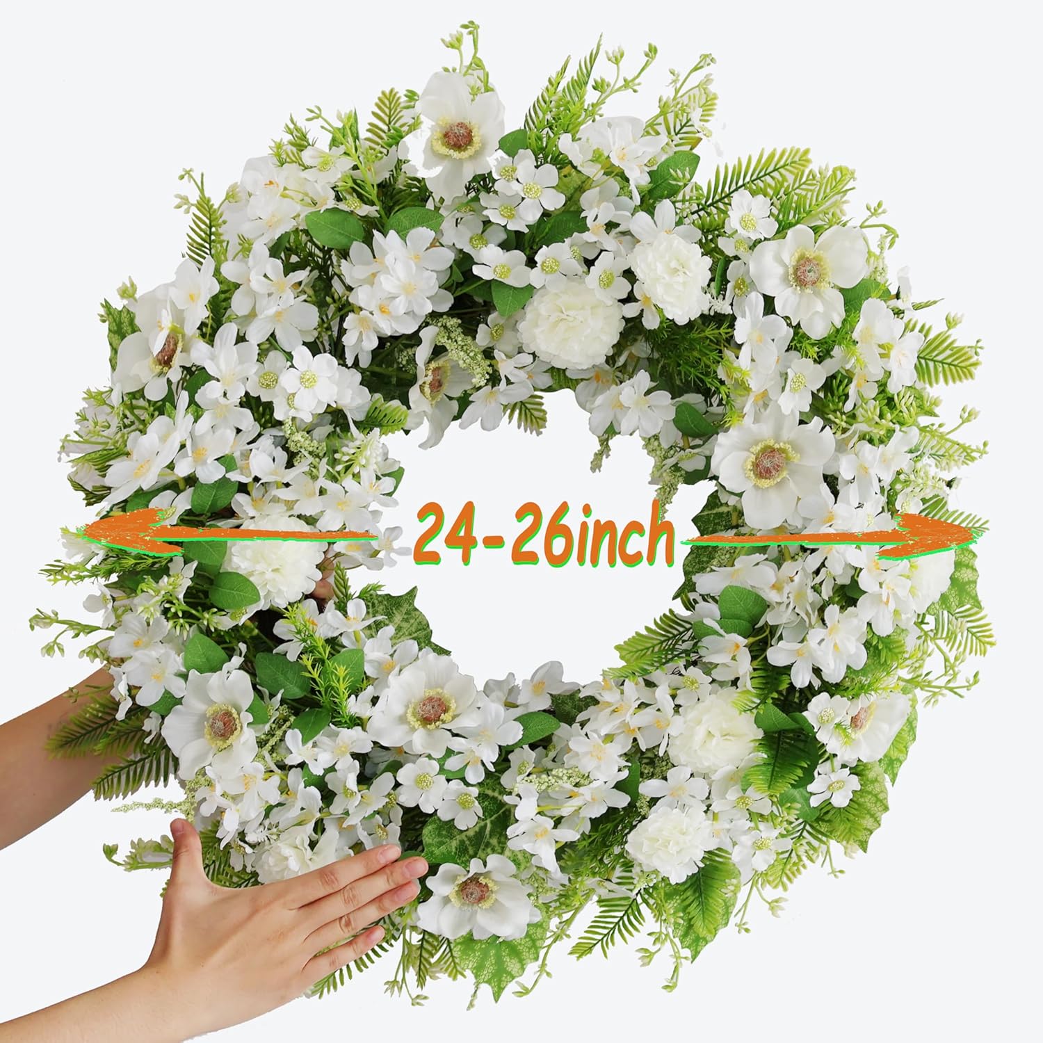 White Faux Silk Flower Wreath 24-26 Inch Front Door Decor