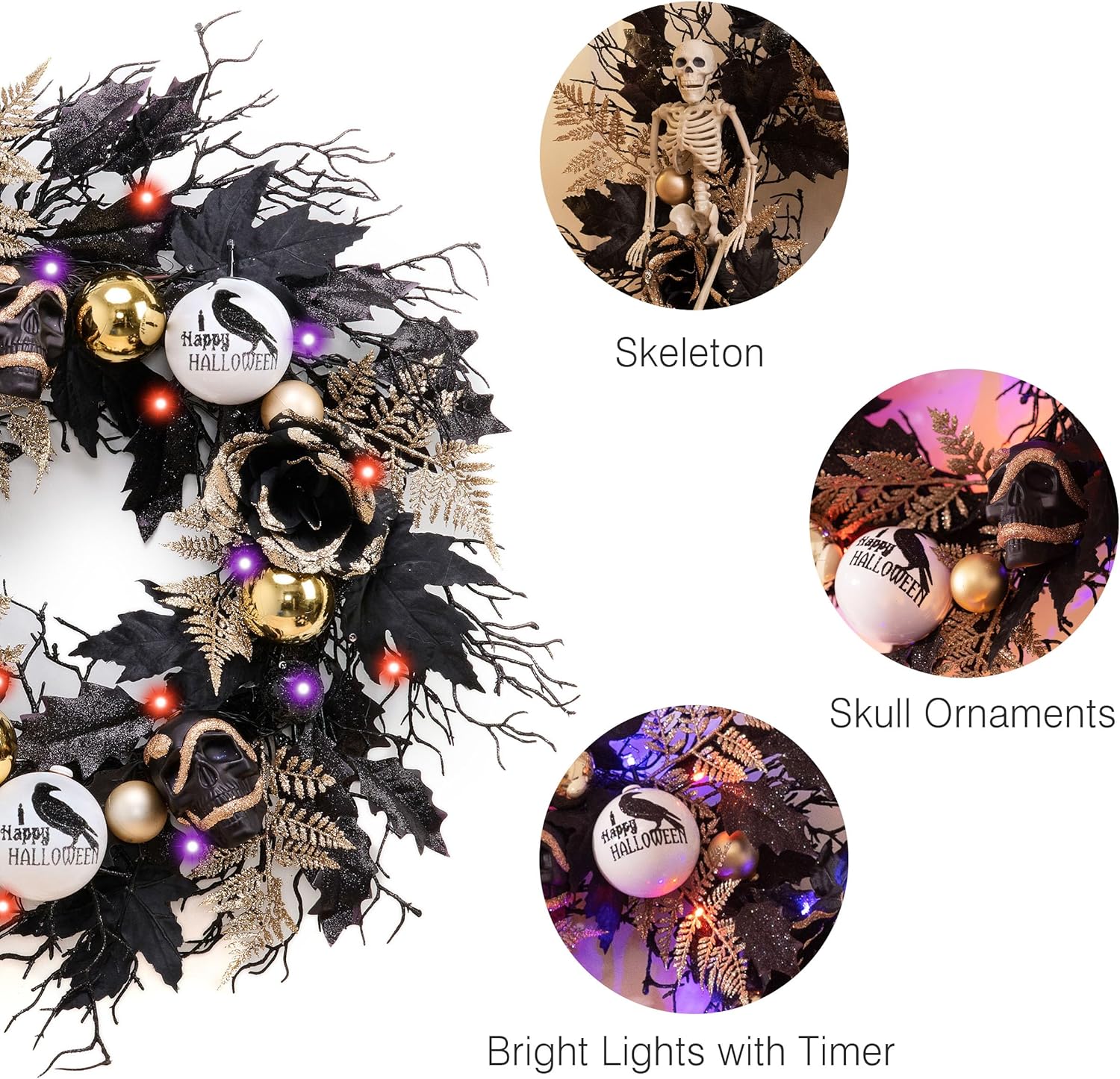 Collapsible Halloween Door Wreath with LED Lights