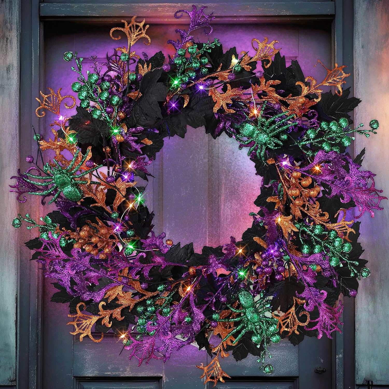 Enhon 40 LED Halloween Wreath 16 Inch Glitter Maple Leaf Style