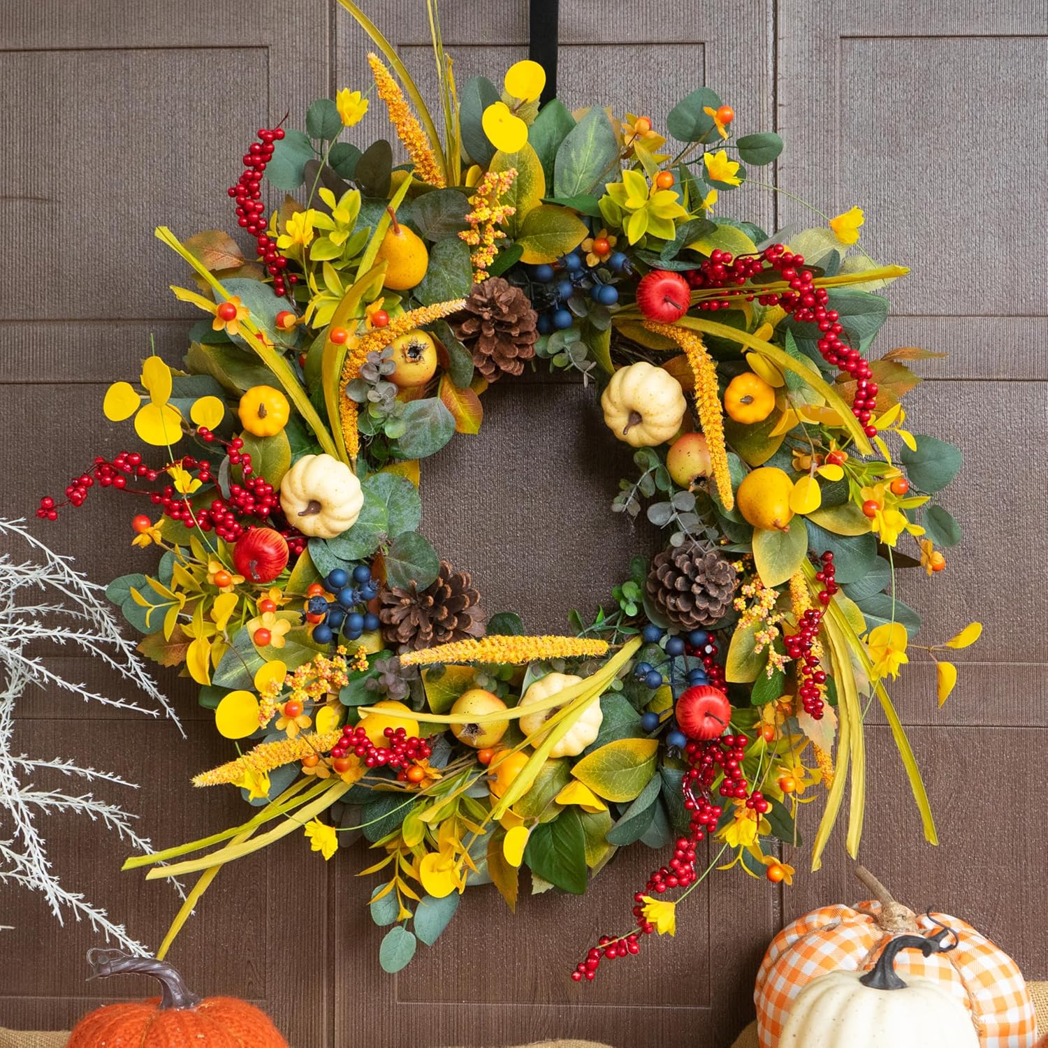 24 Inch Fall Wreath with Yellow White Pumpkins Red Berries Eucalyptus Pinecones