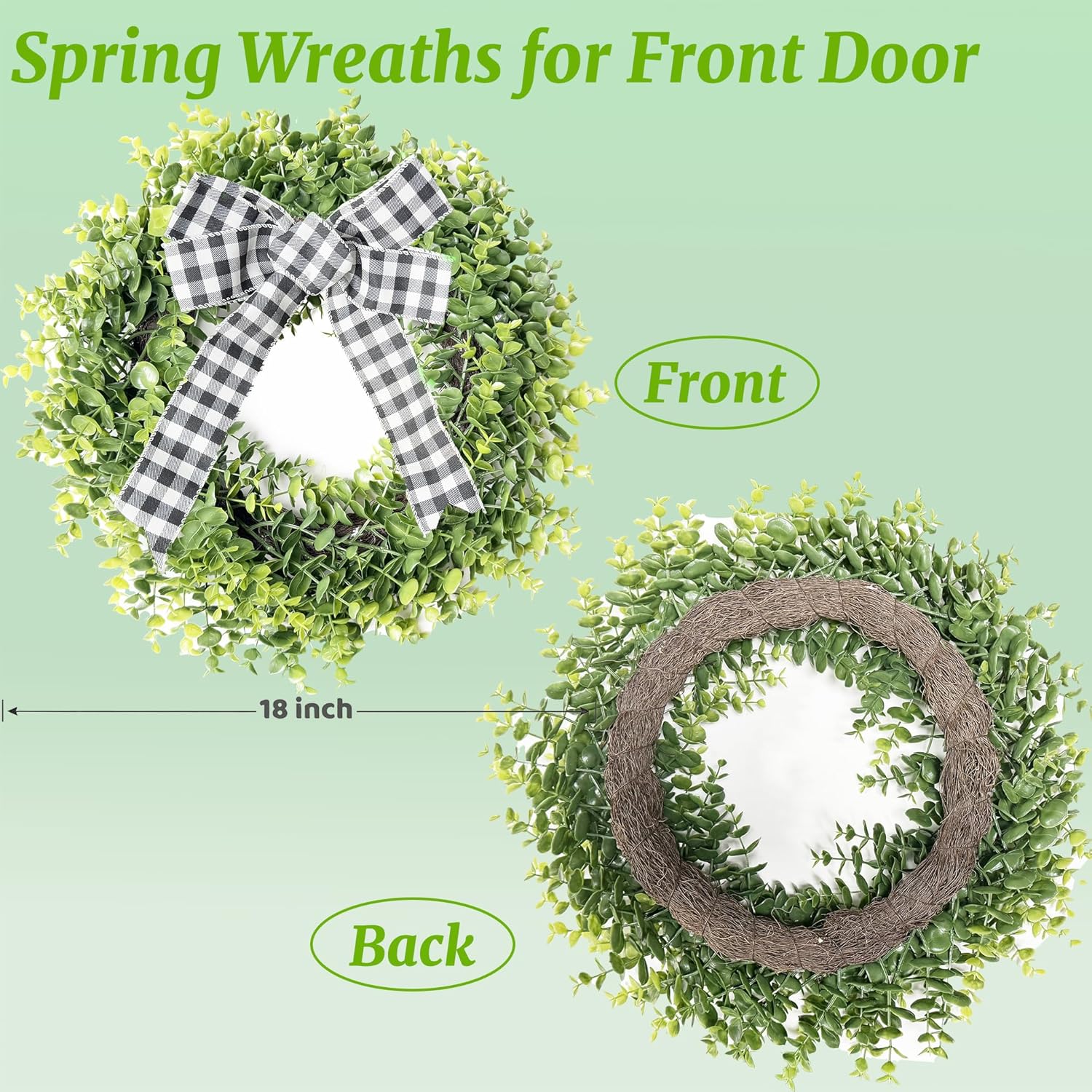 Yinfidee 18 Inch Artificial Green Boxwood Wreath with Buffalo Plaid Bow and LED Lights