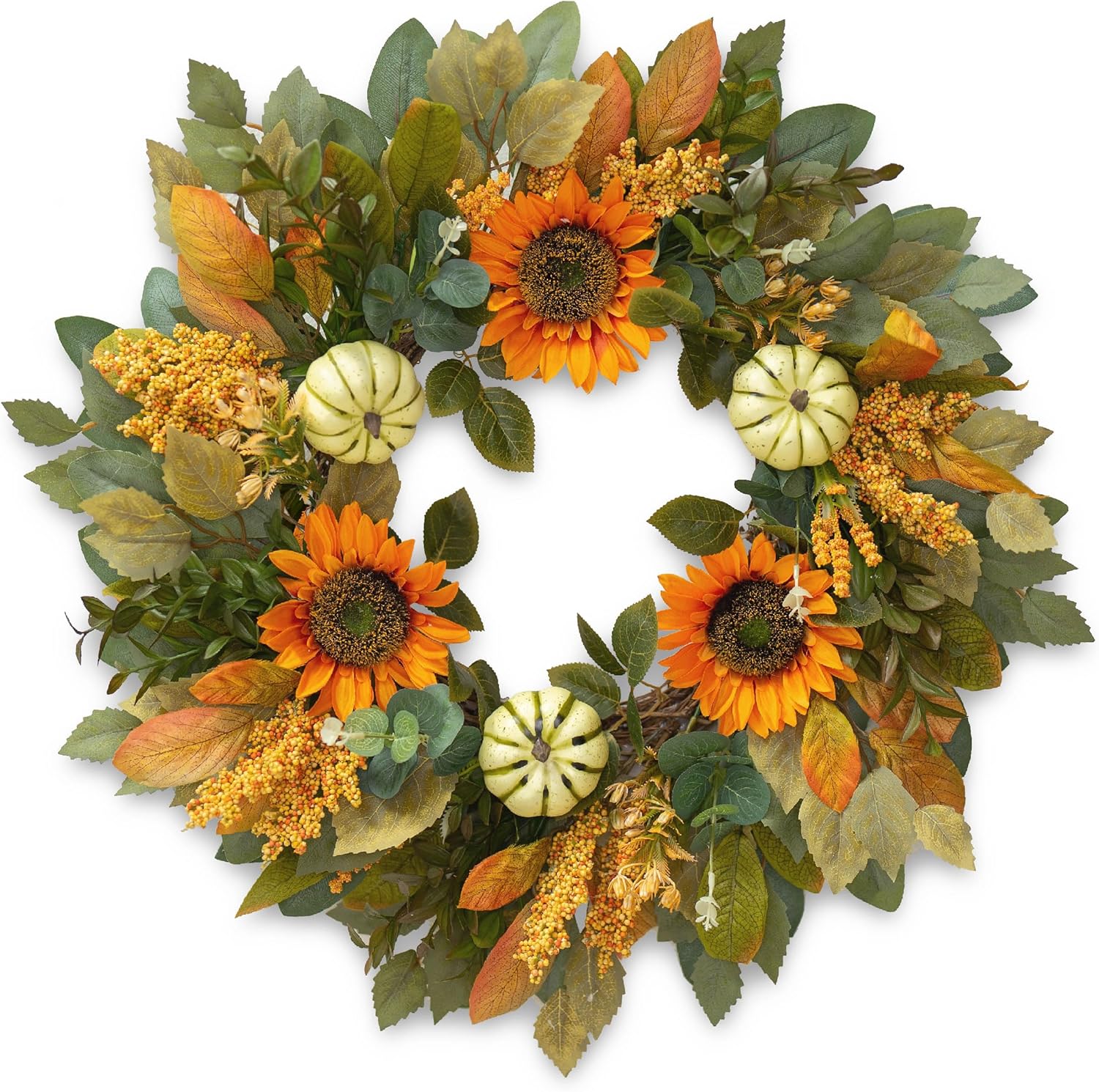 24 Inch Fall Wreath with Sunflowers and Pumpkins