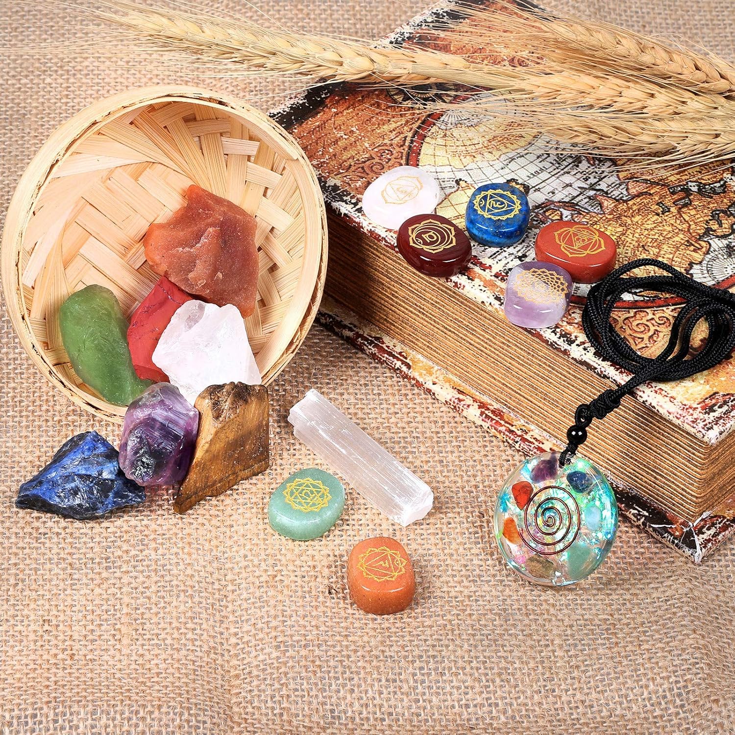 Mookaitedecor Bundle - 2 Items Chakra Healing Stones Mini Glass Wishing Bottles Set