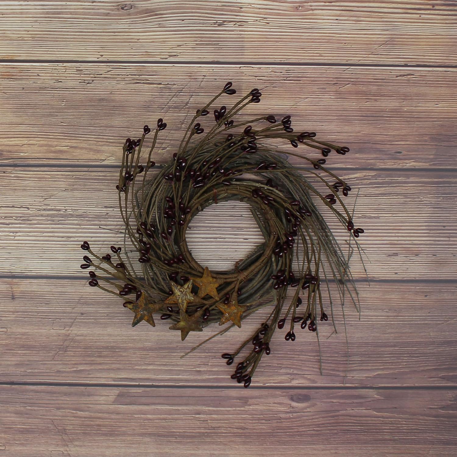 Rustic Wreath with Barn Stars and Berries 7-Inch Burgundy