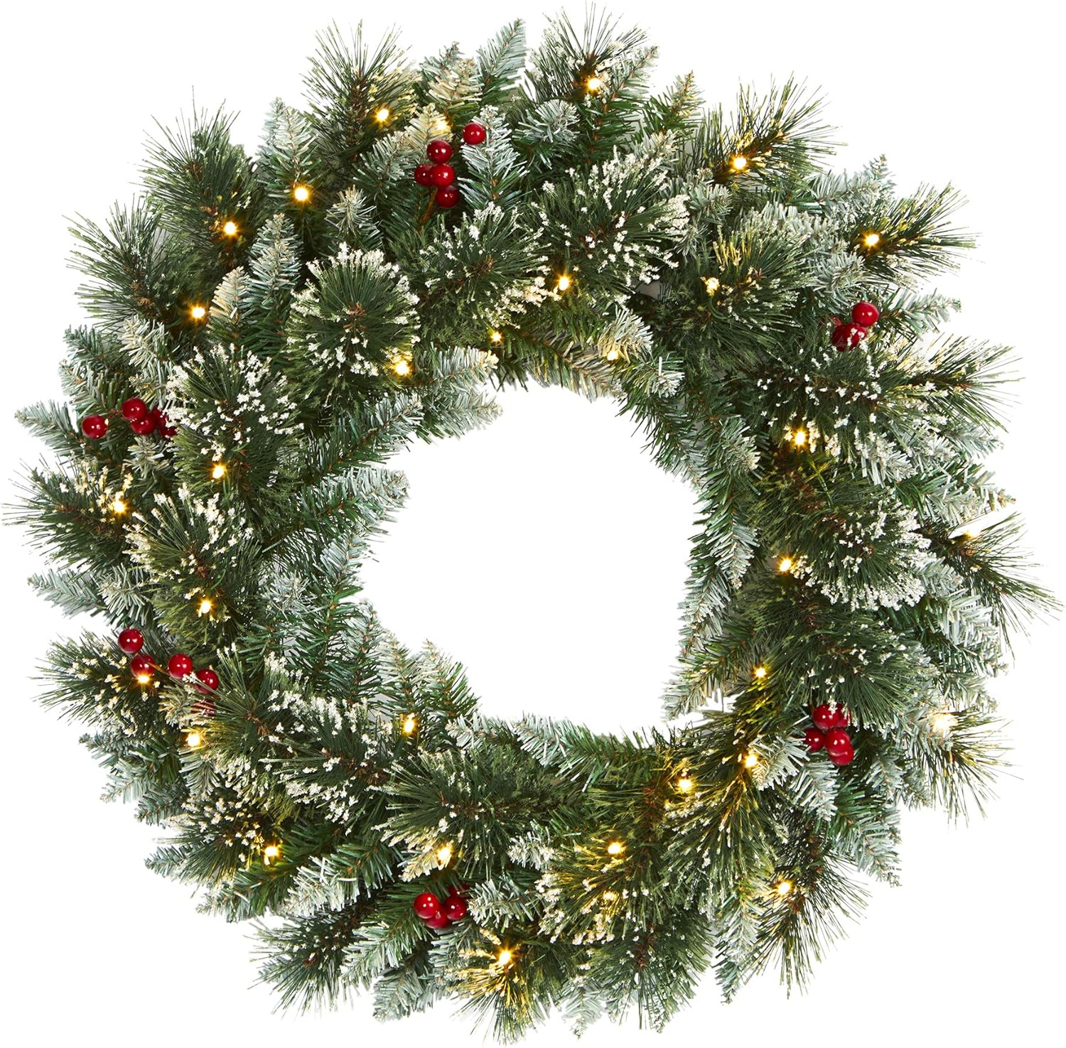 Nearly Natural 24in Frosted Swiss Pine Artificial Wreath with LED Lights and Berries