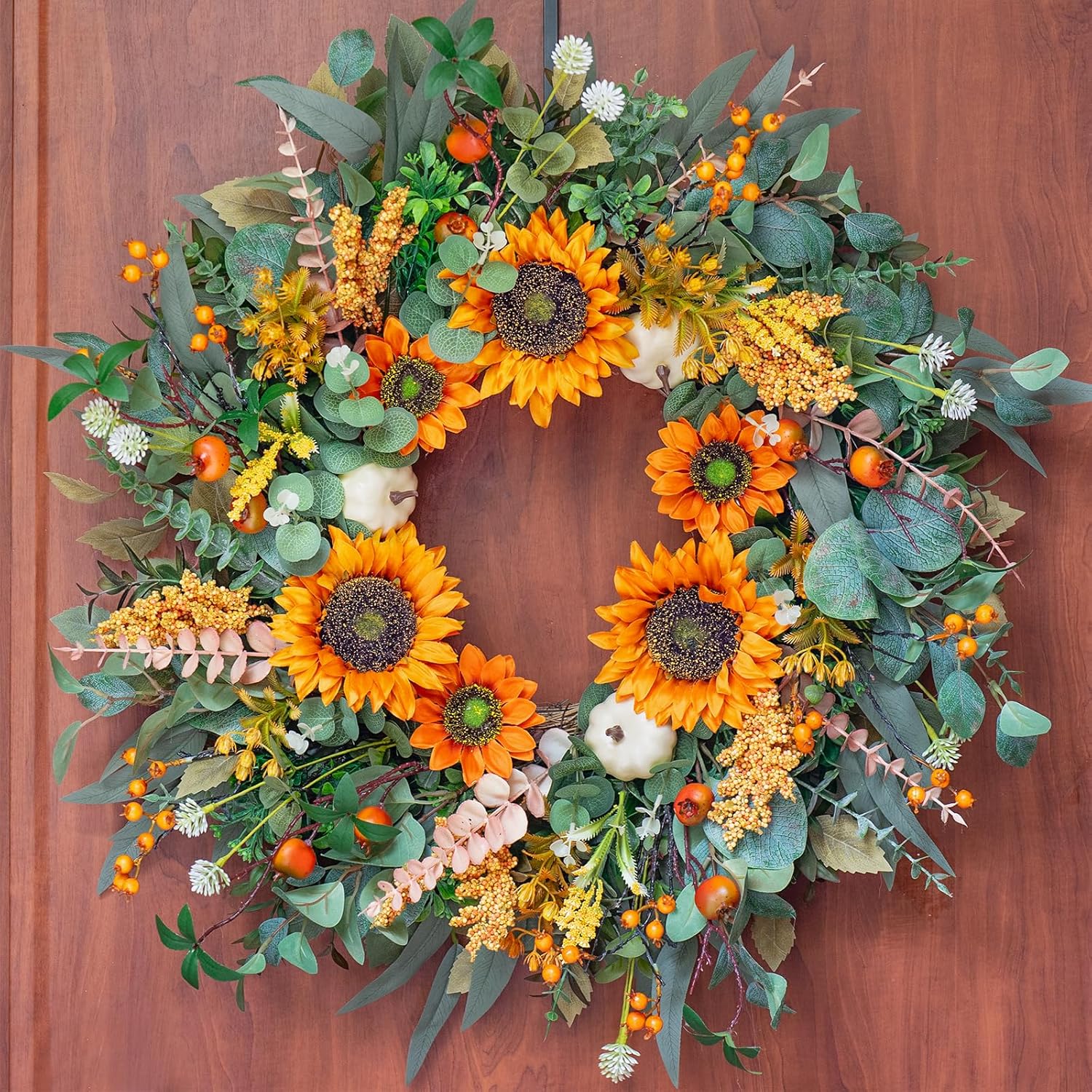 24 Inch Fall Door Wreath with Sunflowers and Berries