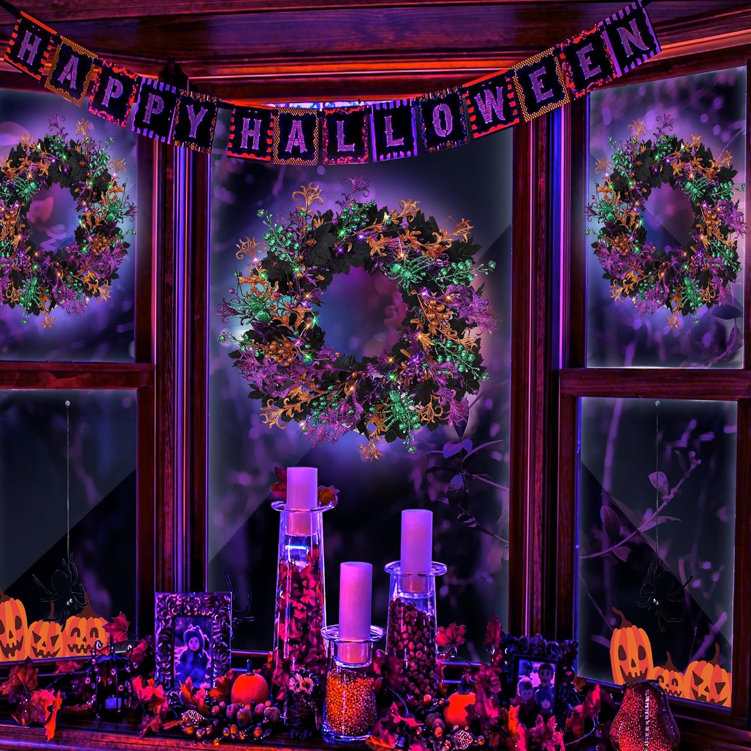 Enhon 40 LED Halloween Wreath 16 Inch Glitter Maple Leaf Style