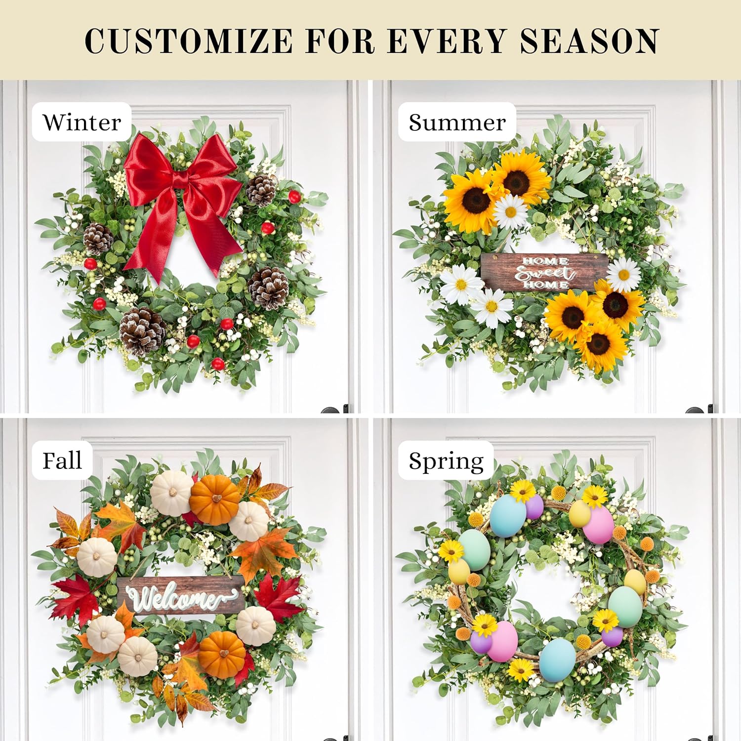 Artificial Eucalyptus Wreath with Berries 24 Inches Reversible Sign