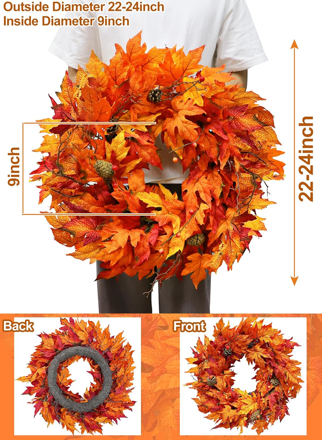 24 Inch Lighted Fall Wreath with Timer for Front Door